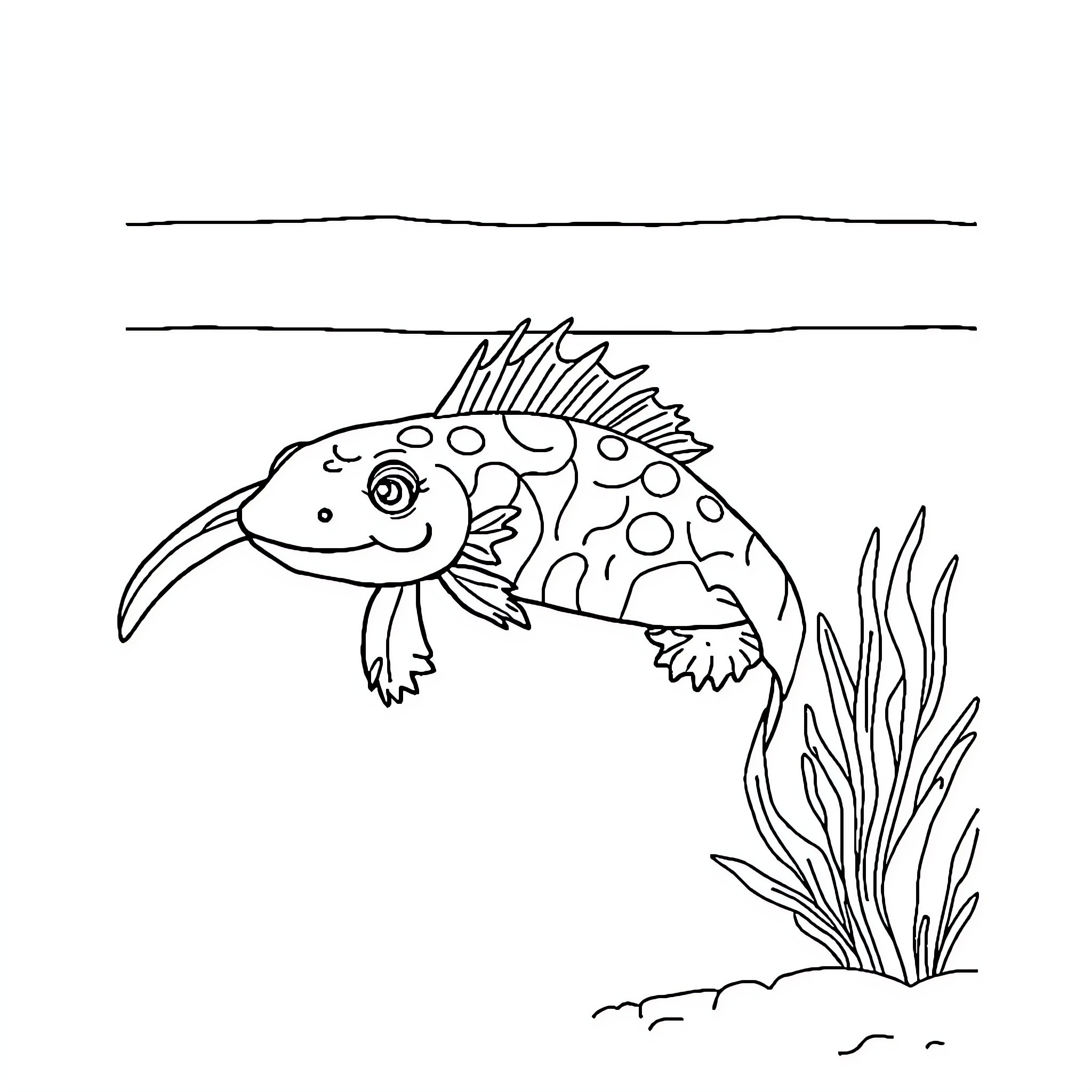 Axolotl swimming playfully in the water Coloring Page (free black-and-white line drawing printable PDF for all, from beginners to advanced learners, including children, teens, adults, and seniors)