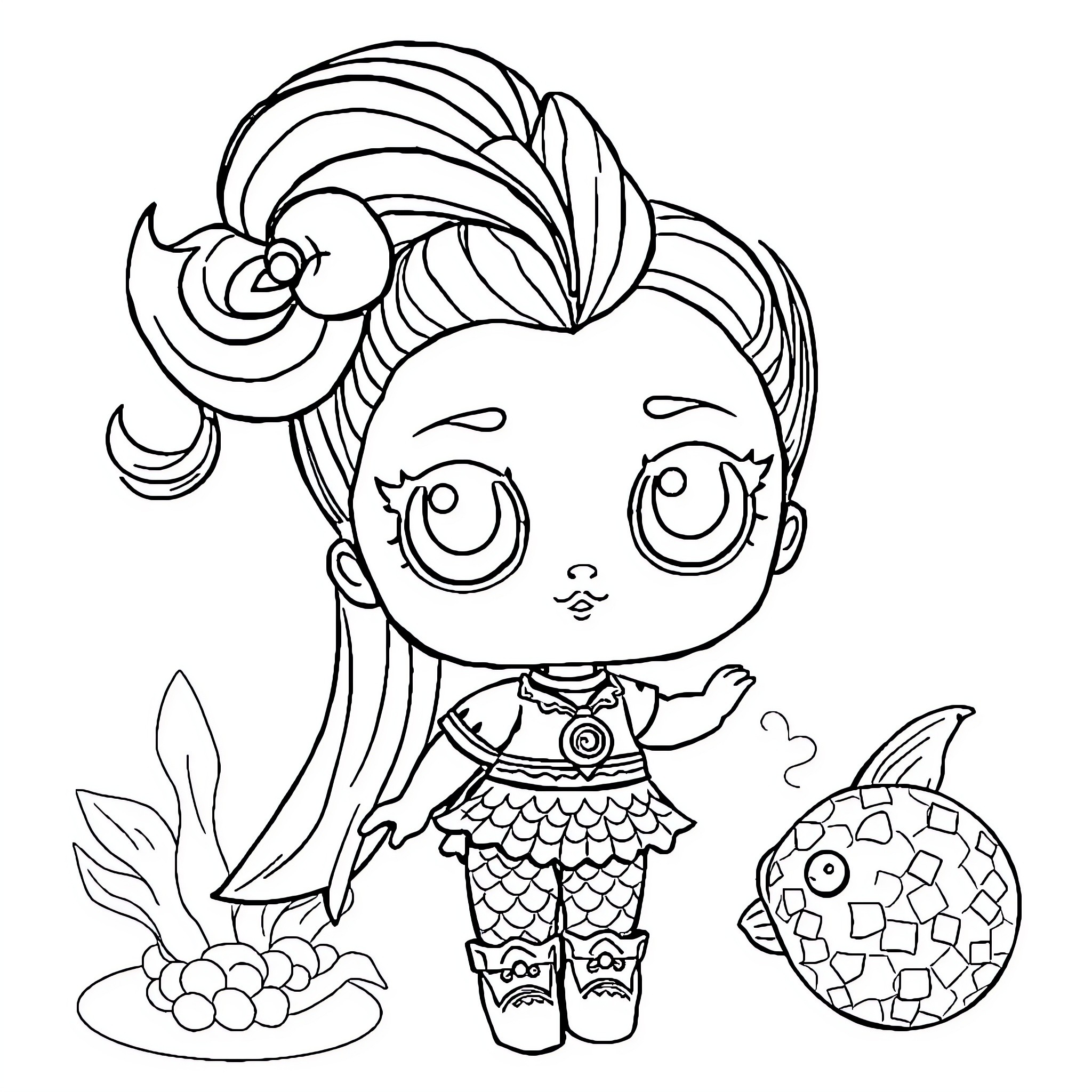 Doll with colorful mermaid-inspired outfit and accessories Coloring Page (free black-and-white line drawing printable PDF for all, from beginners to advanced learners, including children, teens, adults, and seniors)