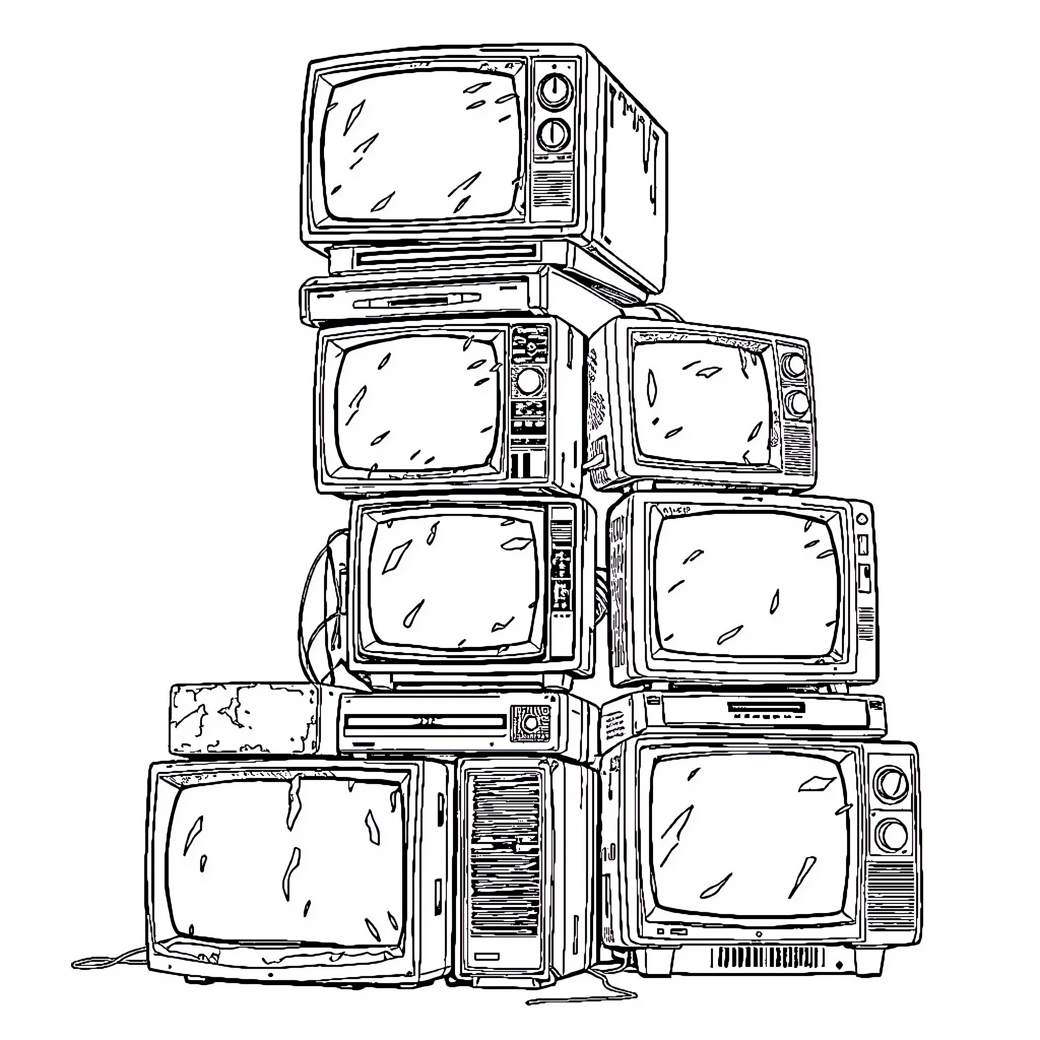 TV sets stacked in disrepair Coloring Page (free black-and-white line drawing printable PDF for all, from beginners to advanced learners, including children, teens, adults, and seniors)