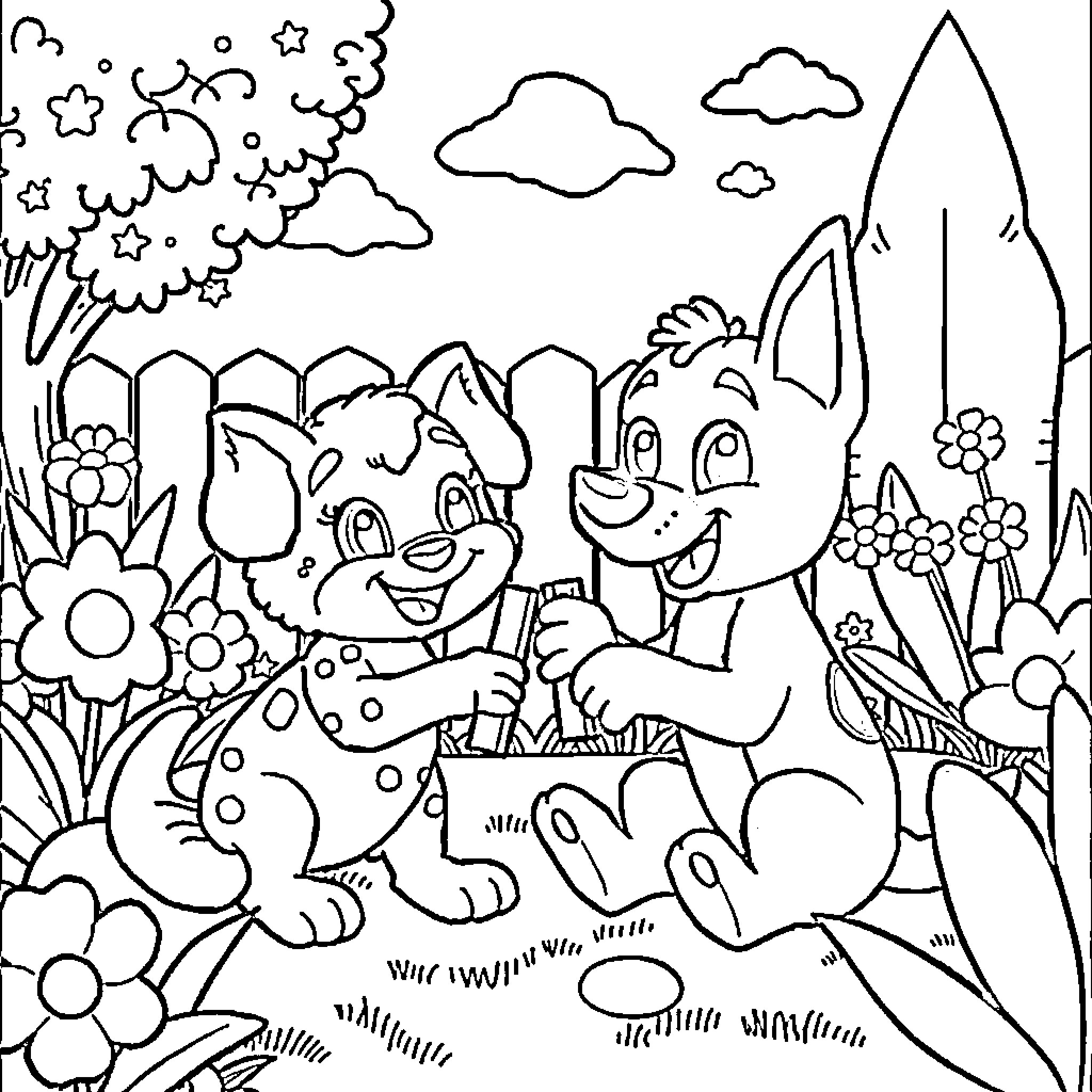 Bluey and friends exploring a whimsical garden Coloring Page (free black-and-white line drawing printable PDF for all, from beginners to advanced learners, including children, teens, adults, and seniors)