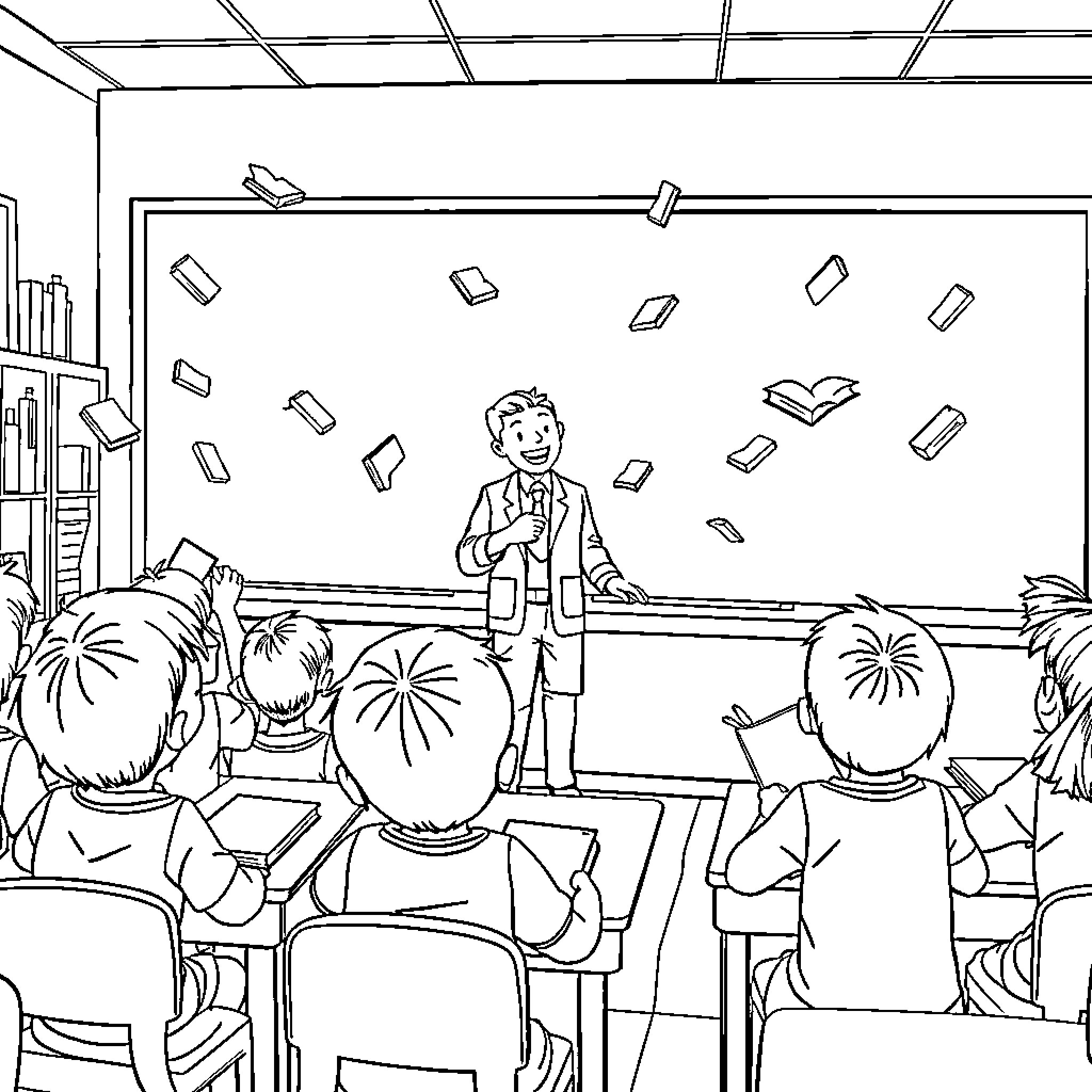 Child presenting in front of classroom Coloring Page (free black-and-white line drawing printable PDF for all, from beginners to advanced learners, including children, teens, adults, and seniors)