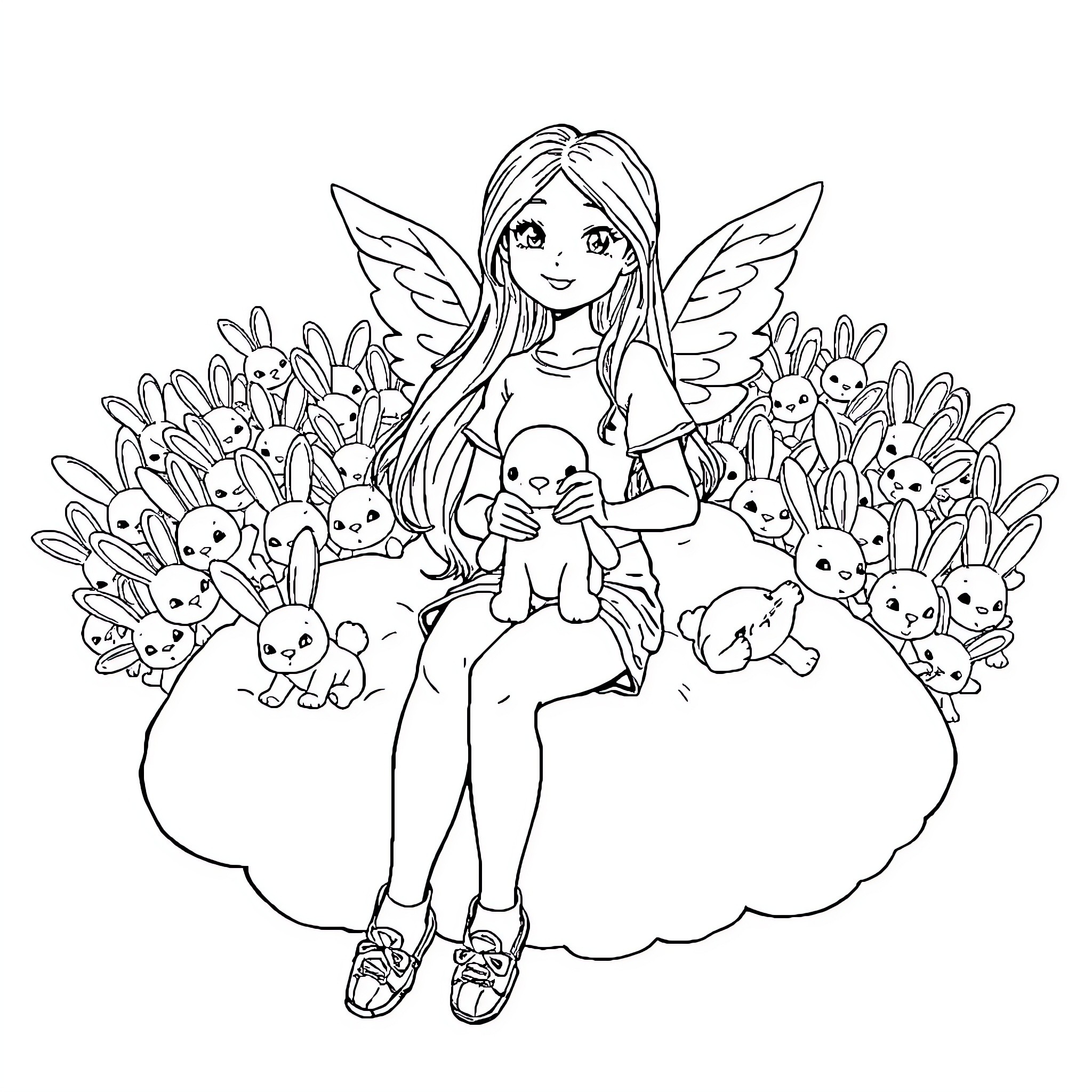 Girl with wings surrounded by adorable bunnies Coloring Page (free black-and-white line drawing printable PDF for all, from beginners to advanced learners, including children, teens, adults, and seniors)