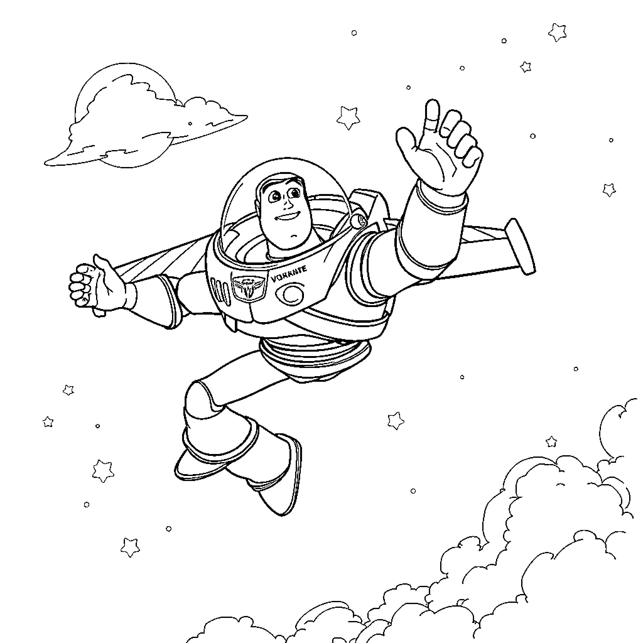 Buzz Lightyear soaring through the stars Coloring Page (free black-and-white line drawing printable PDF for all, from beginners to advanced learners, including children, teens, adults, and seniors)