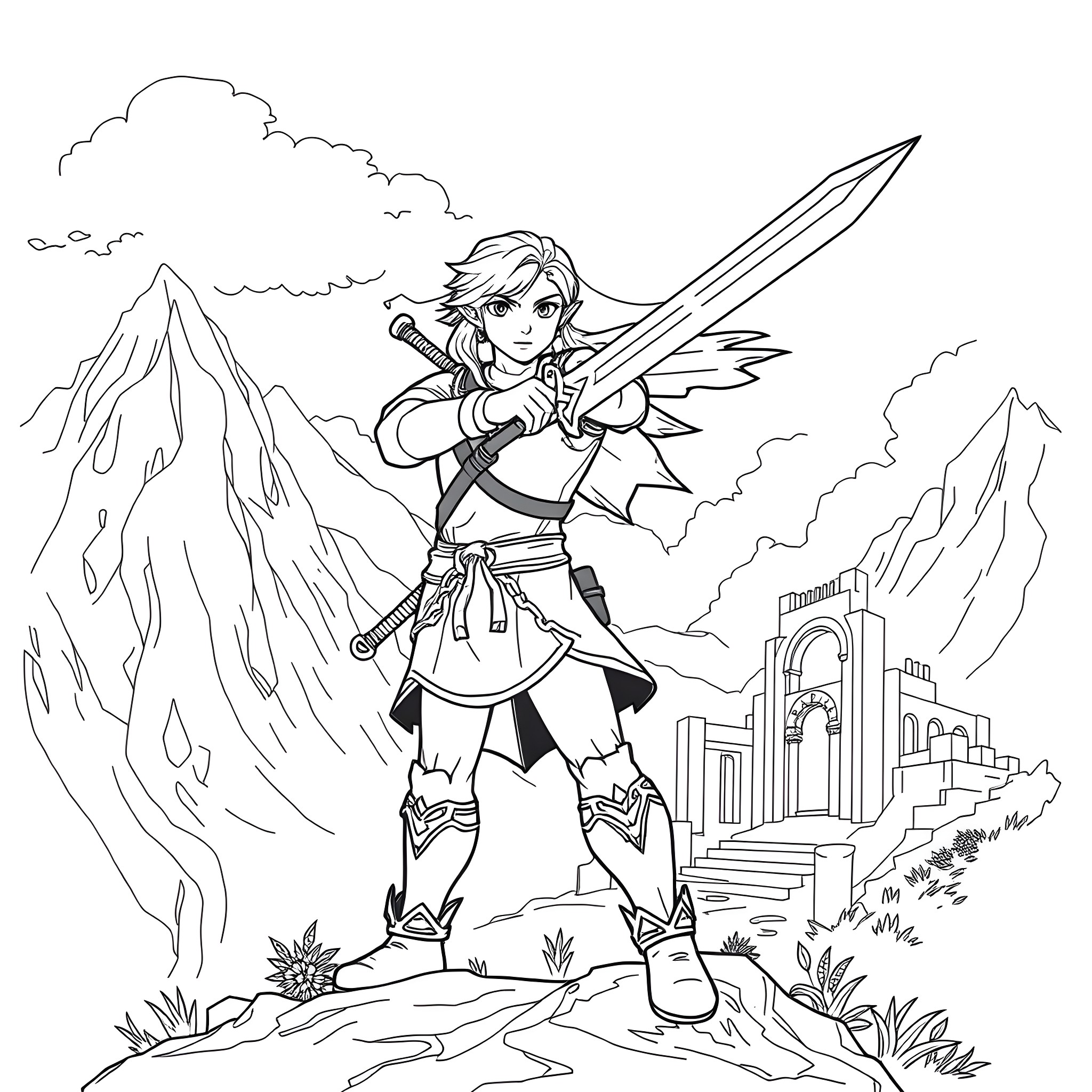 Link standing heroically with sword raised Coloring Page (free black-and-white line drawing printable PDF for all, from beginners to advanced learners, including children, teens, adults, and seniors)