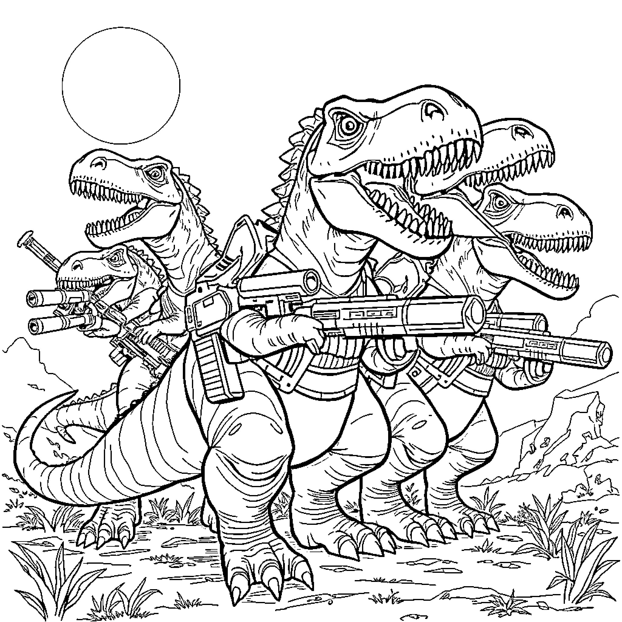 Dinosaurs waging futuristic battle with high-tech weapons Coloring Page (free black-and-white line drawing printable PDF for all, from beginners to advanced learners, including children, teens, adults, and seniors)