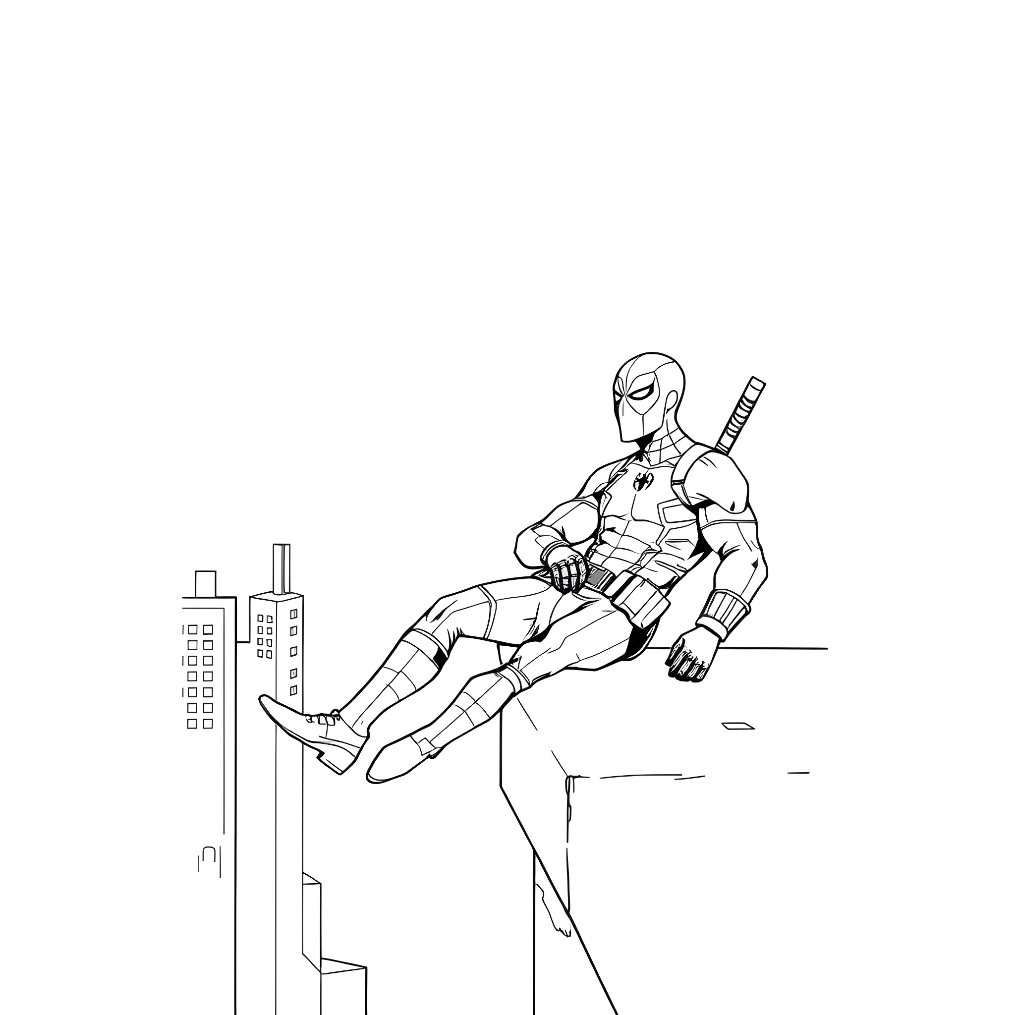 Deadpool reclining on a skyscraper Coloring Page (free black-and-white line drawing printable PDF for all, from beginners to advanced learners, including children, teens, adults, and seniors)