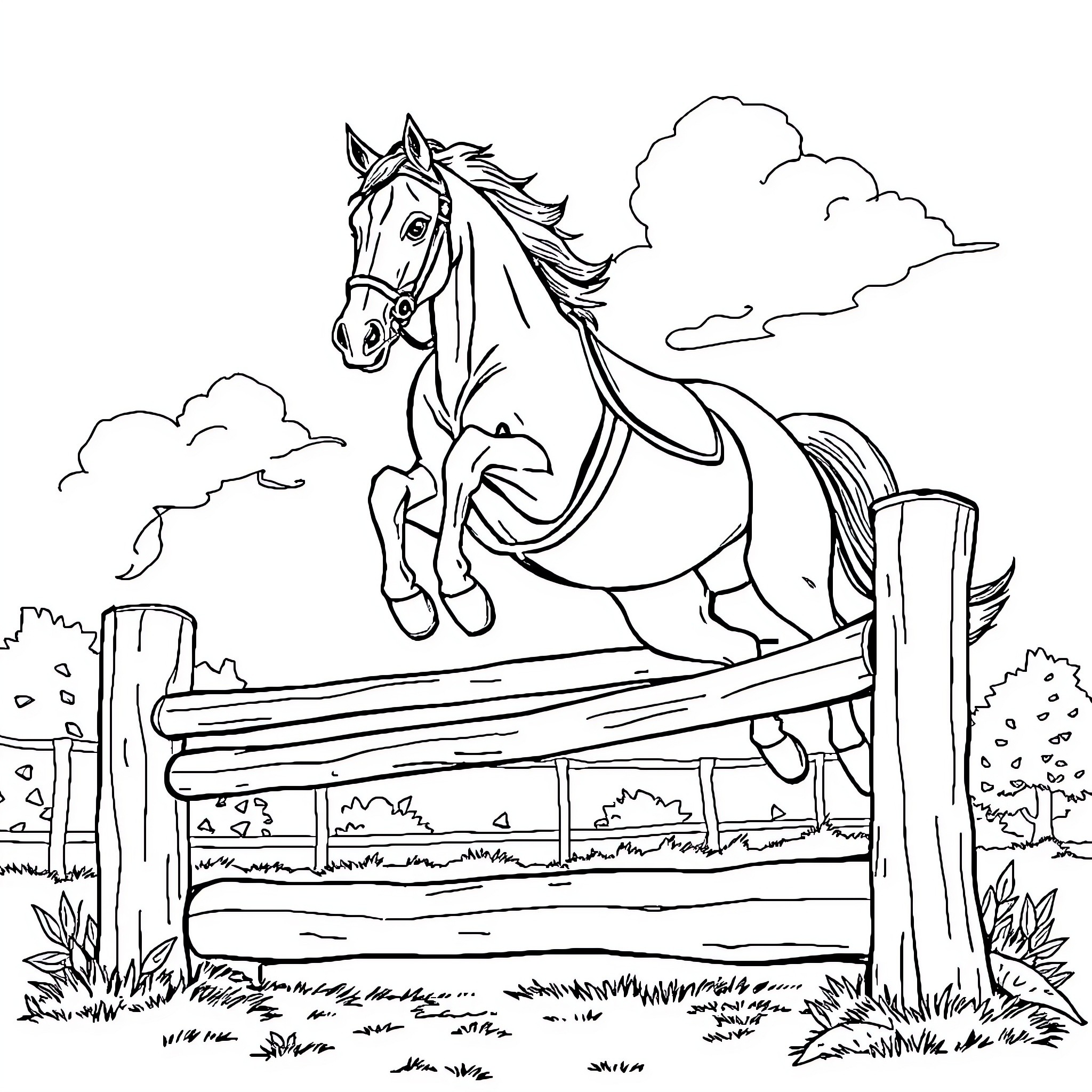 Horse jumping over fence in countryside Coloring Page (free black-and-white line drawing printable PDF for all, from beginners to advanced learners, including children, teens, adults, and seniors)