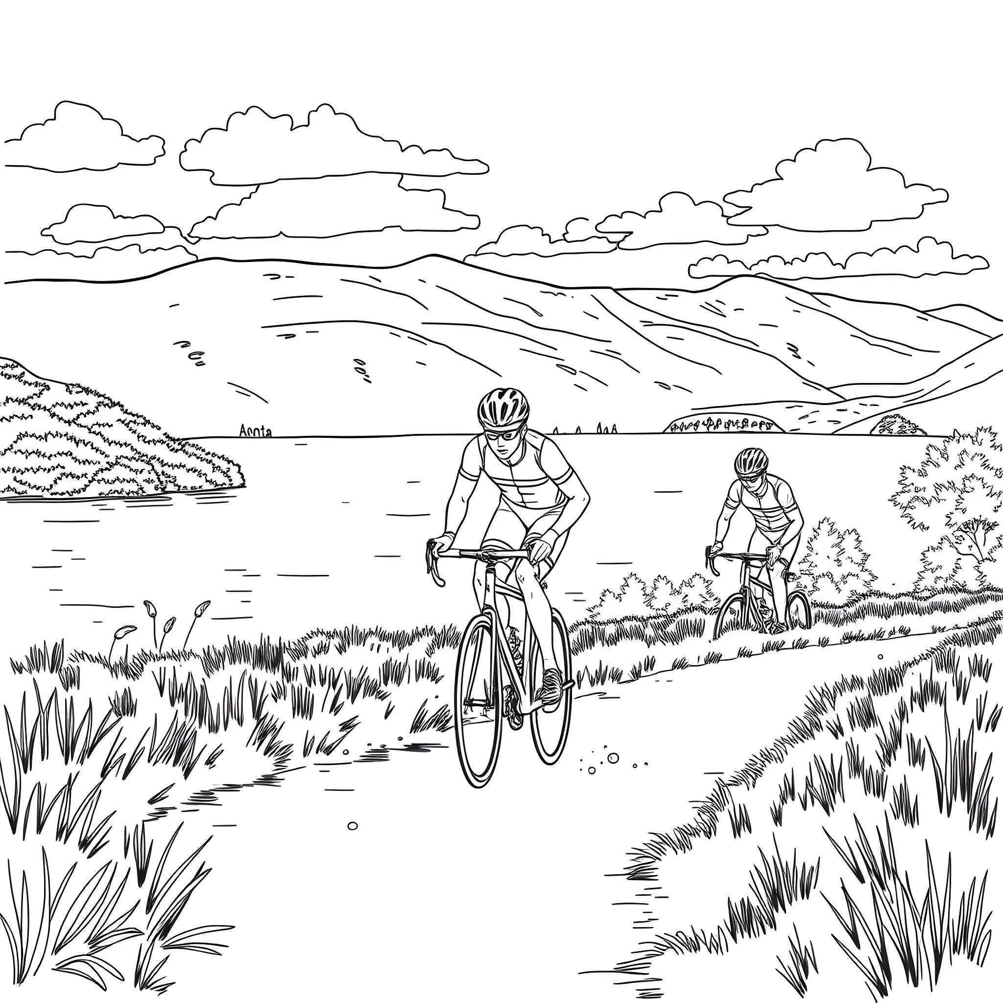 Triathletes biking through scenic countryside Coloring Page (free black-and-white line drawing printable PDF for all, from beginners to advanced learners, including children, teens, adults, and seniors)