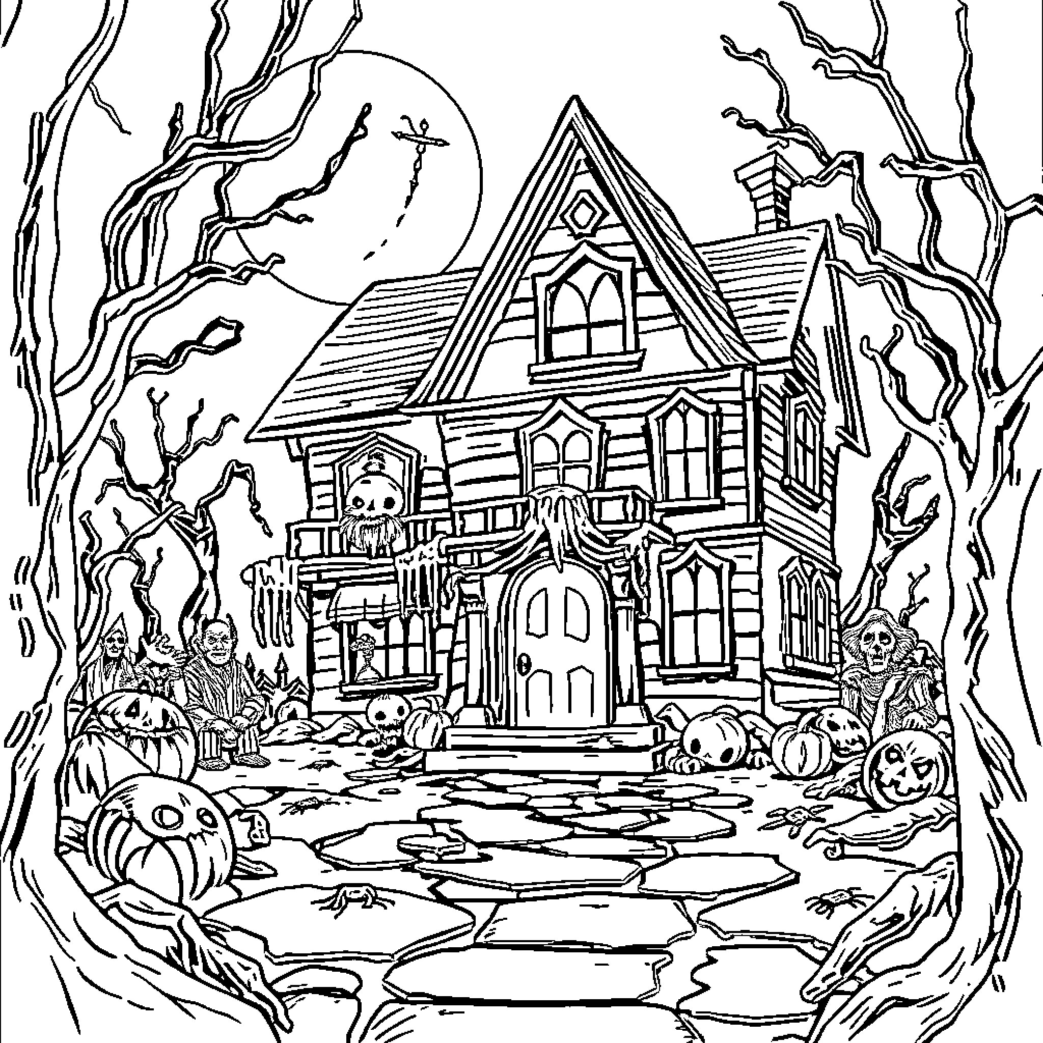 Haunted House with Spooky Creatures and Decor Coloring Page (free black-and-white line drawing printable PDF for all, from beginners to advanced learners, including children, teens, adults, and seniors)