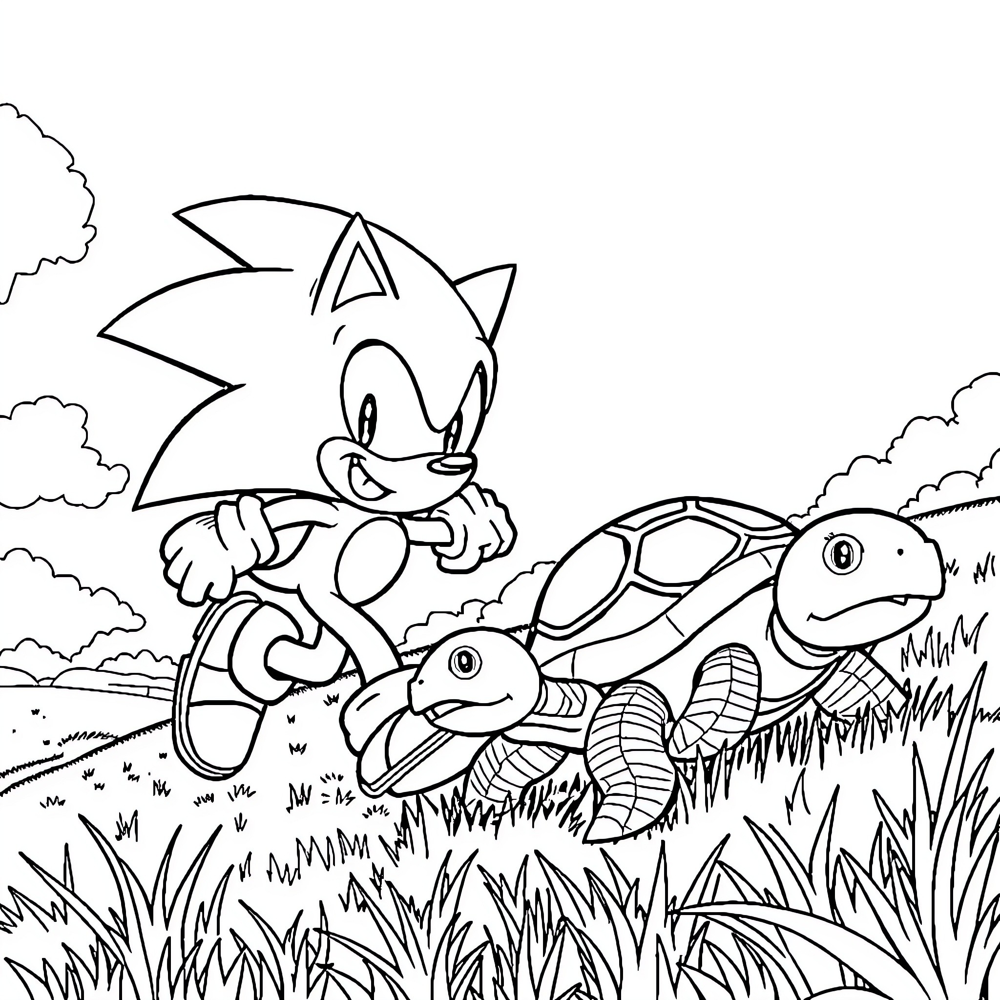Sonic exploring nature with animal friends Coloring Page (free black-and-white line drawing printable PDF for all, from beginners to advanced learners, including children, teens, adults, and seniors)