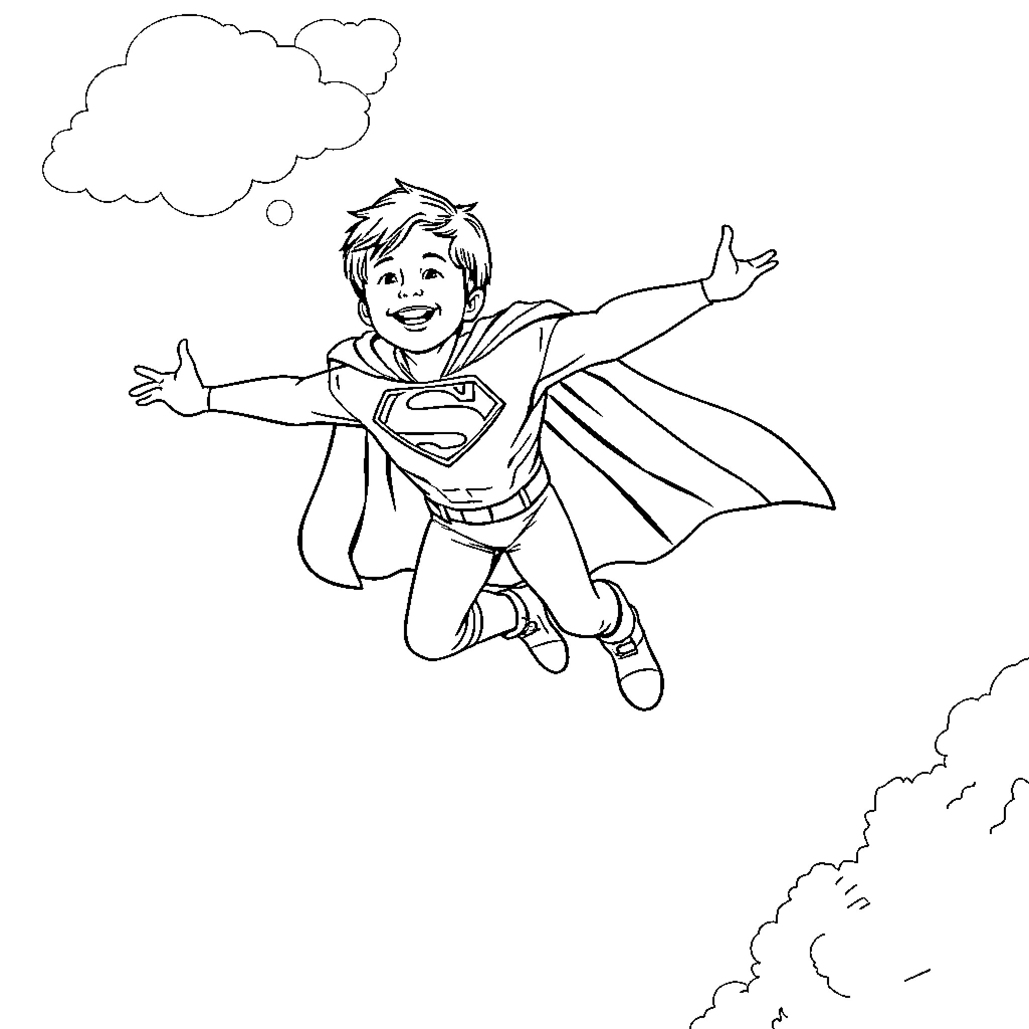 Boy flying in superhero costume through clouds Coloring Page (free black-and-white line drawing printable PDF for all, from beginners to advanced learners, including children, teens, adults, and seniors)