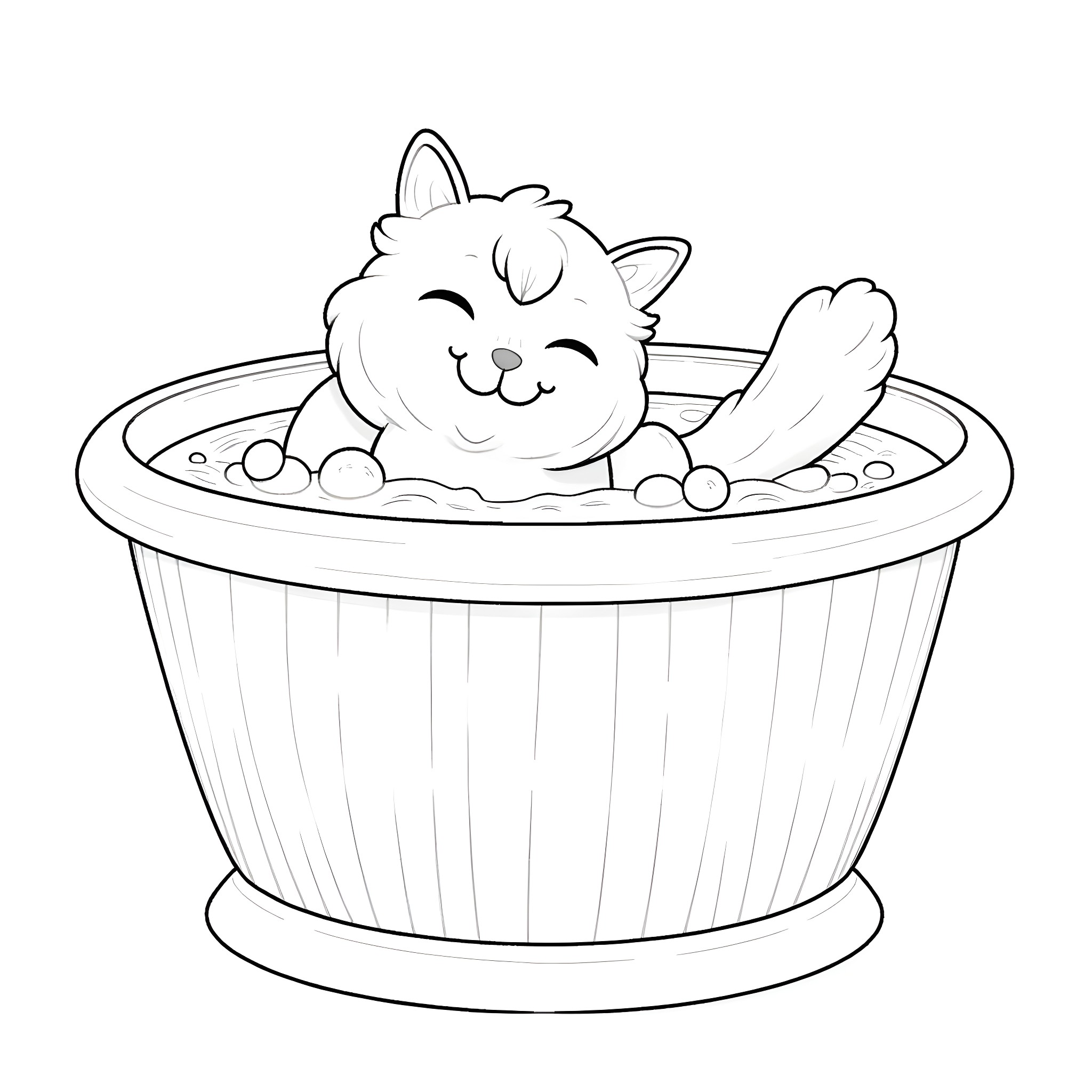 Cat Enjoying a Cozy Bath Coloring Page (free black-and-white line drawing printable PDF for all, from beginners to advanced learners, including children, teens, adults, and seniors)