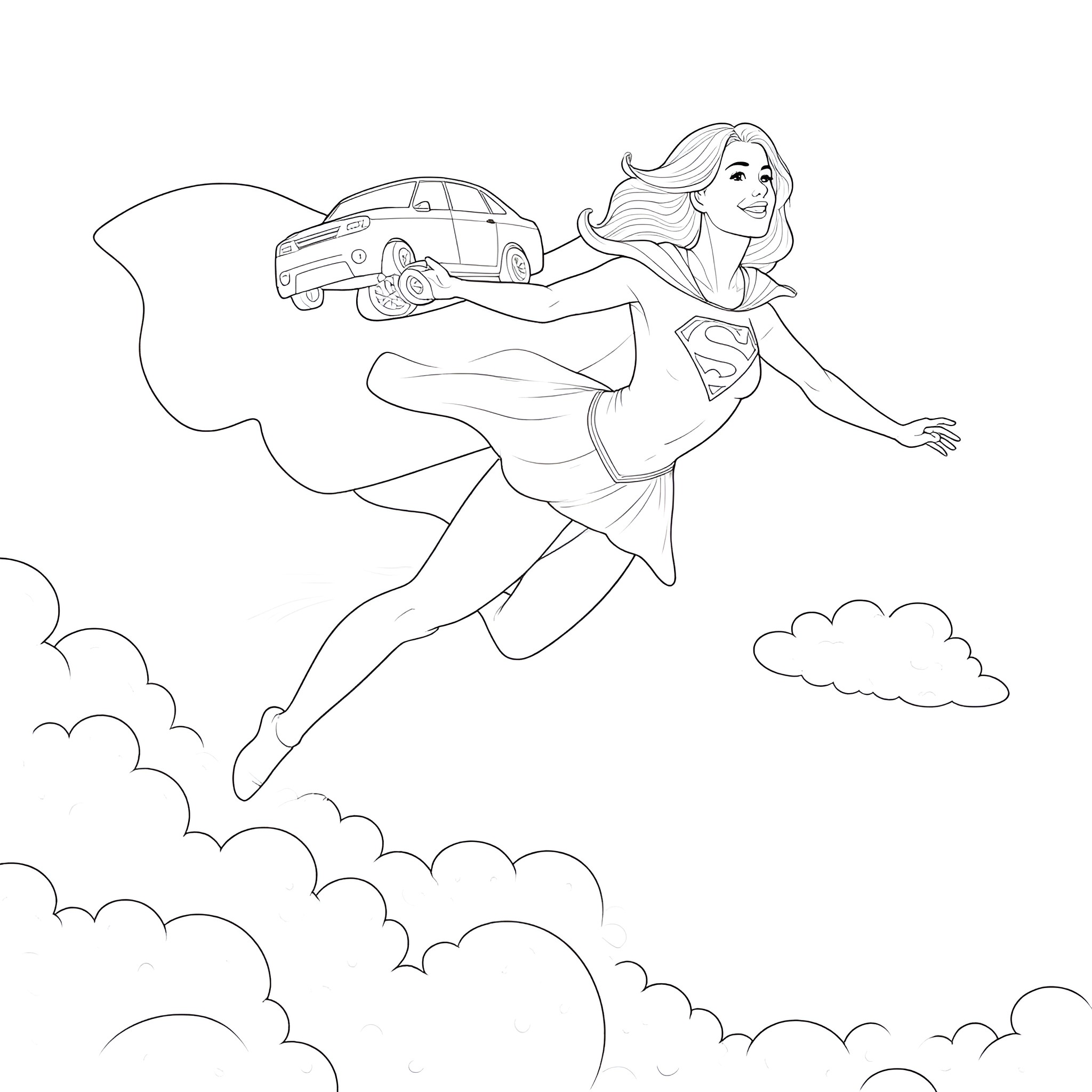 Supergirl soaring through the sky Coloring Page (free black-and-white line drawing printable PDF for all, from beginners to advanced learners, including children, teens, adults, and seniors)