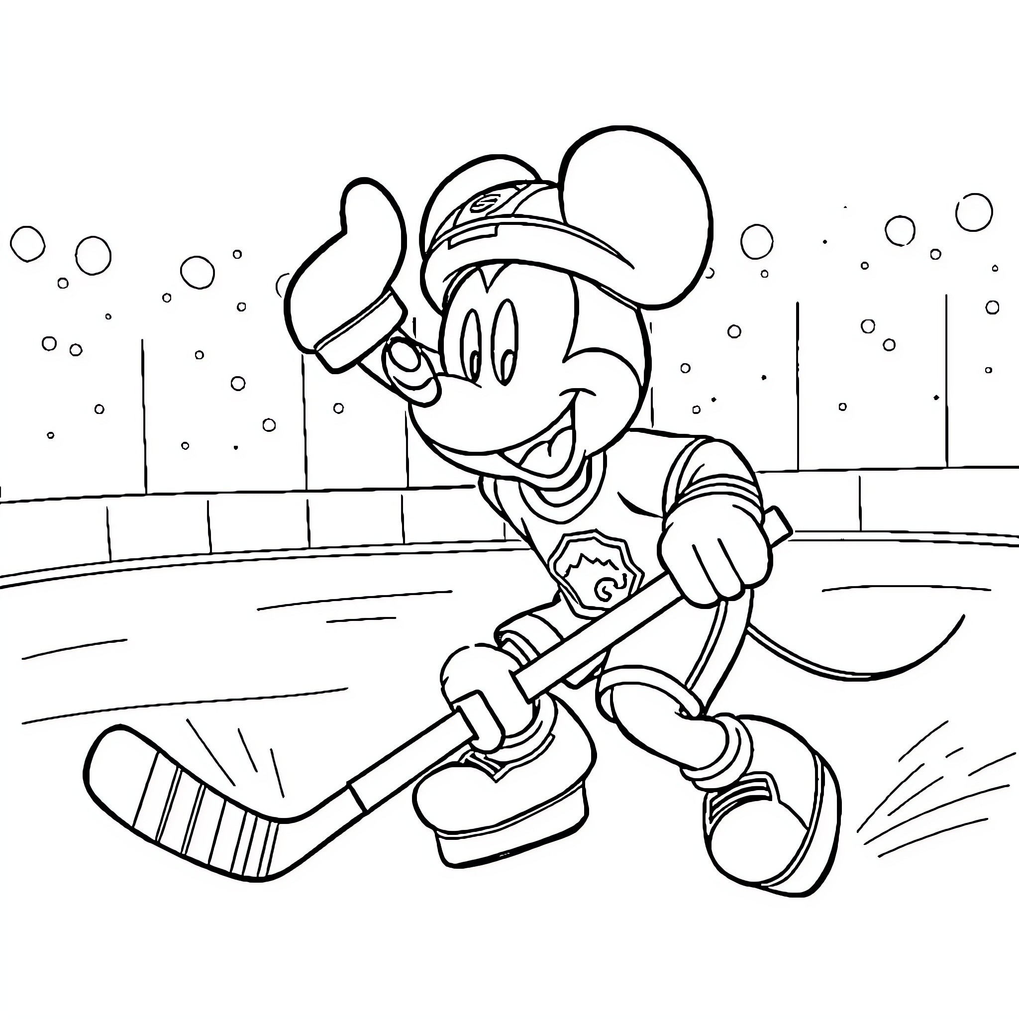 Mickey Mouse playing hockey on ice rink Coloring Page (free black-and-white line drawing printable PDF for all, from beginners to advanced learners, including children, teens, adults, and seniors)