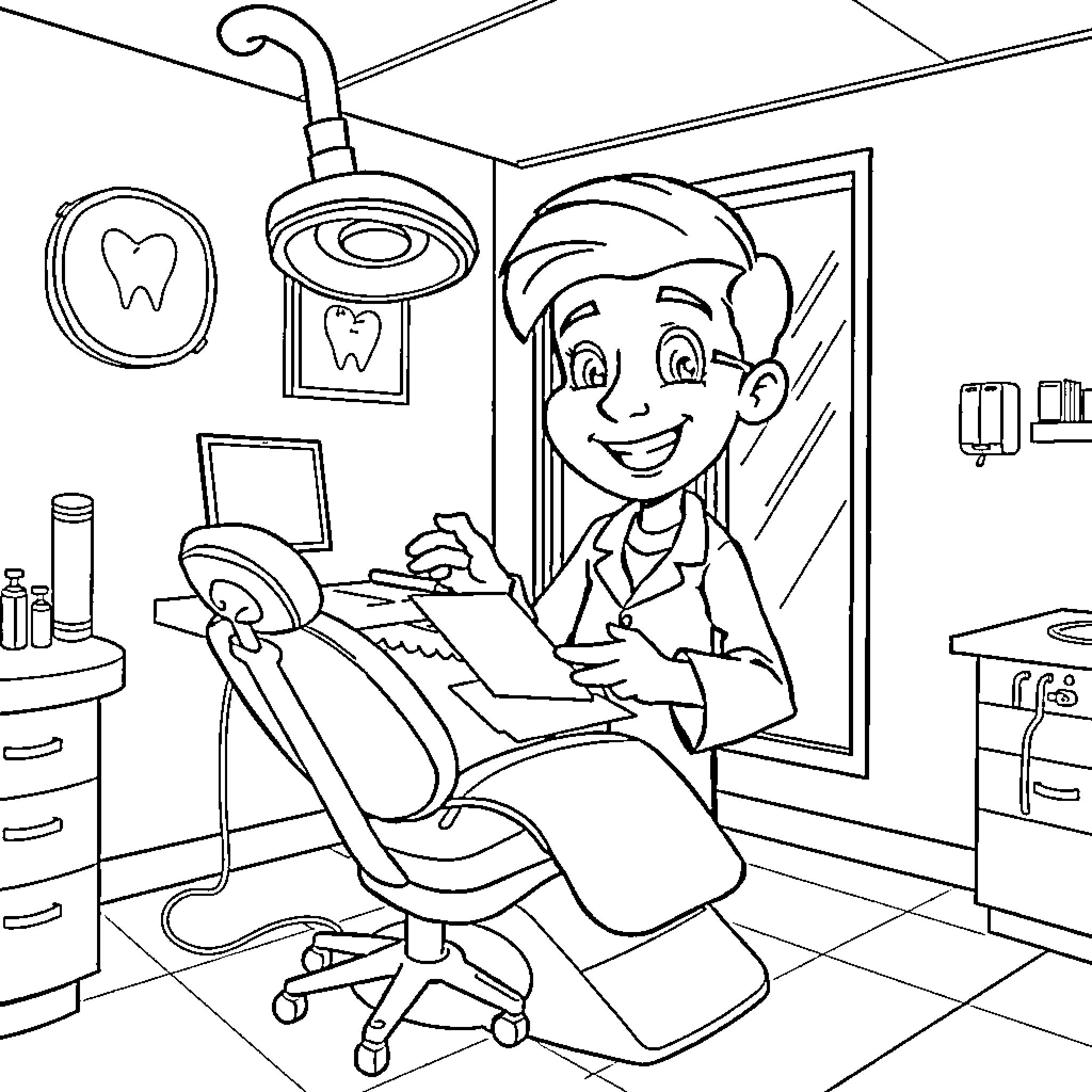 Dentist examining patient in dental office Coloring Page (free black-and-white line drawing printable PDF for all, from beginners to advanced learners, including children, teens, adults, and seniors)