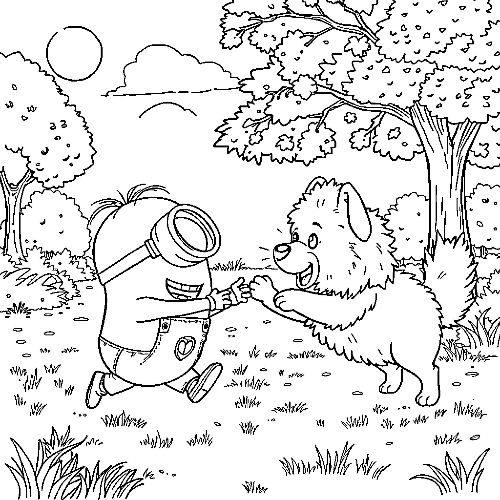 Minion enjoying nature with furry friend Coloring Page (free black-and-white line drawing printable PDF for all, from beginners to advanced learners, including children, teens, adults, and seniors)