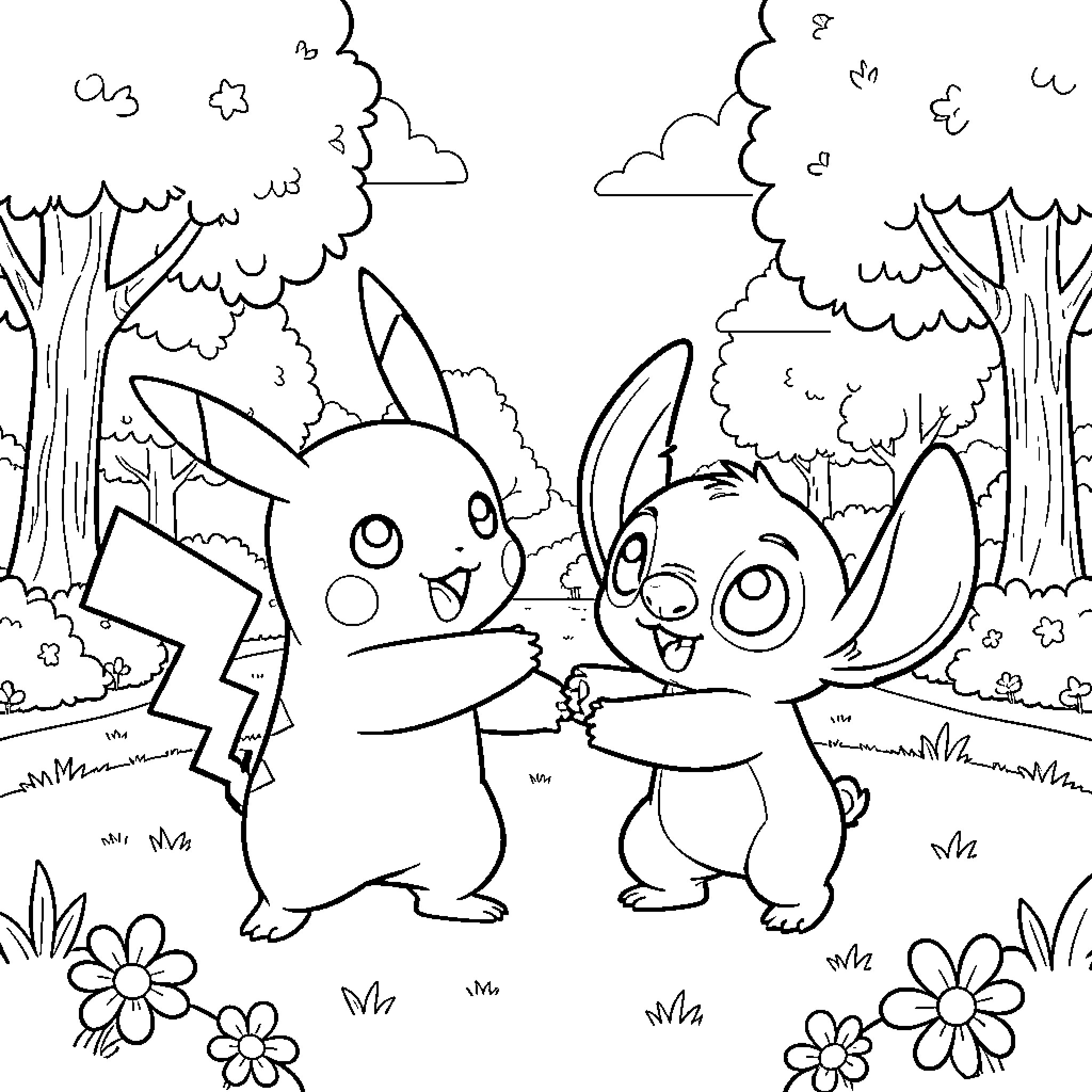Pikachu and Stitch holding hands in a park Coloring Page (free black-and-white line drawing printable PDF for all, from beginners to advanced learners, including children, teens, adults, and seniors)
