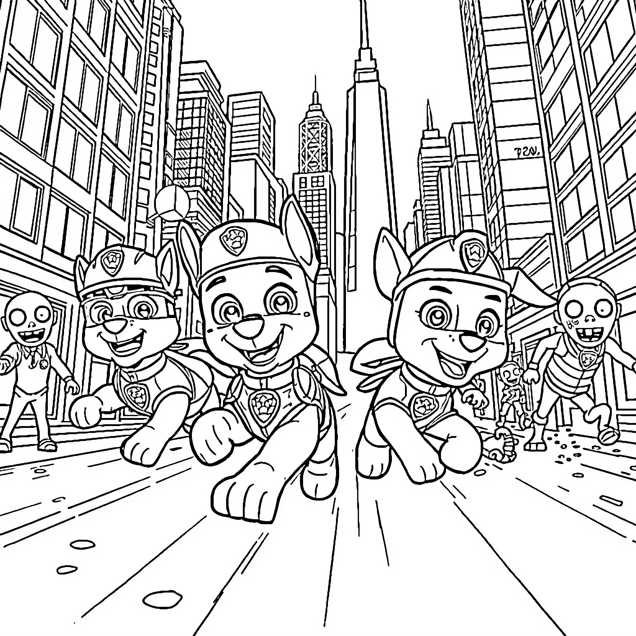 Paw Patrol Rescue Team in the City Coloring Page (free black-and-white line drawing printable PDF for all, from beginners to advanced learners, including children, teens, adults, and seniors)