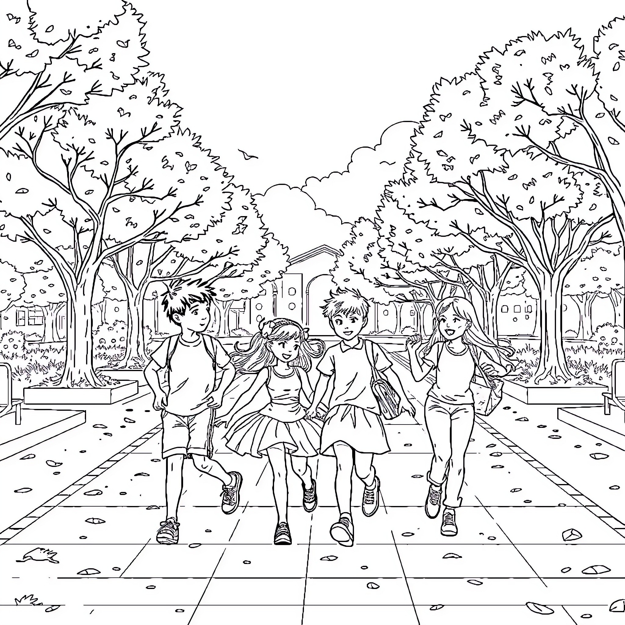 Child friends strolling through autumn park Coloring Page (free black-and-white line drawing printable PDF for all, from beginners to advanced learners, including children, teens, adults, and seniors)