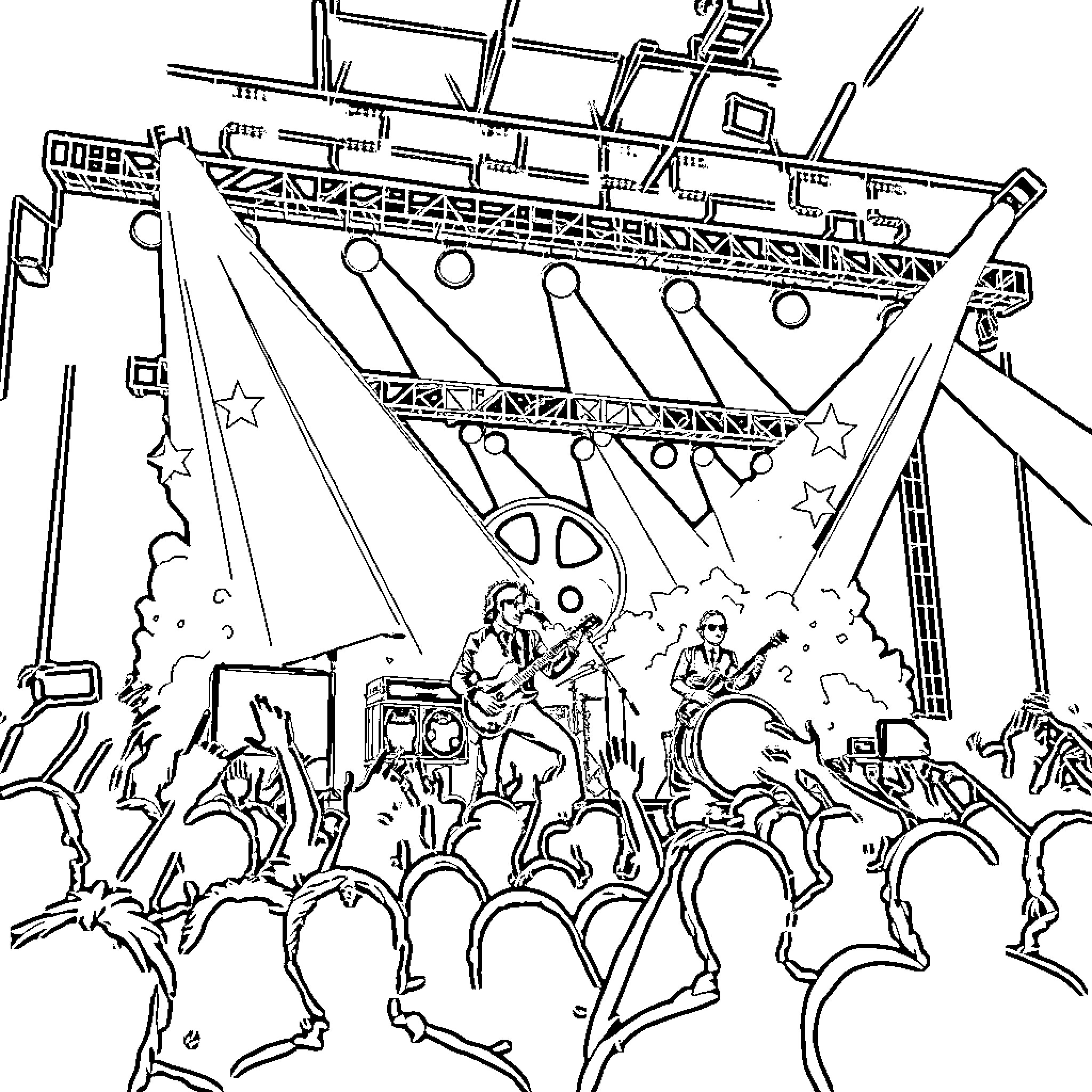 MCR Band Performing on Stage with Crowd Coloring Page (free black-and-white line drawing printable PDF for all, from beginners to advanced learners, including children, teens, adults, and seniors)