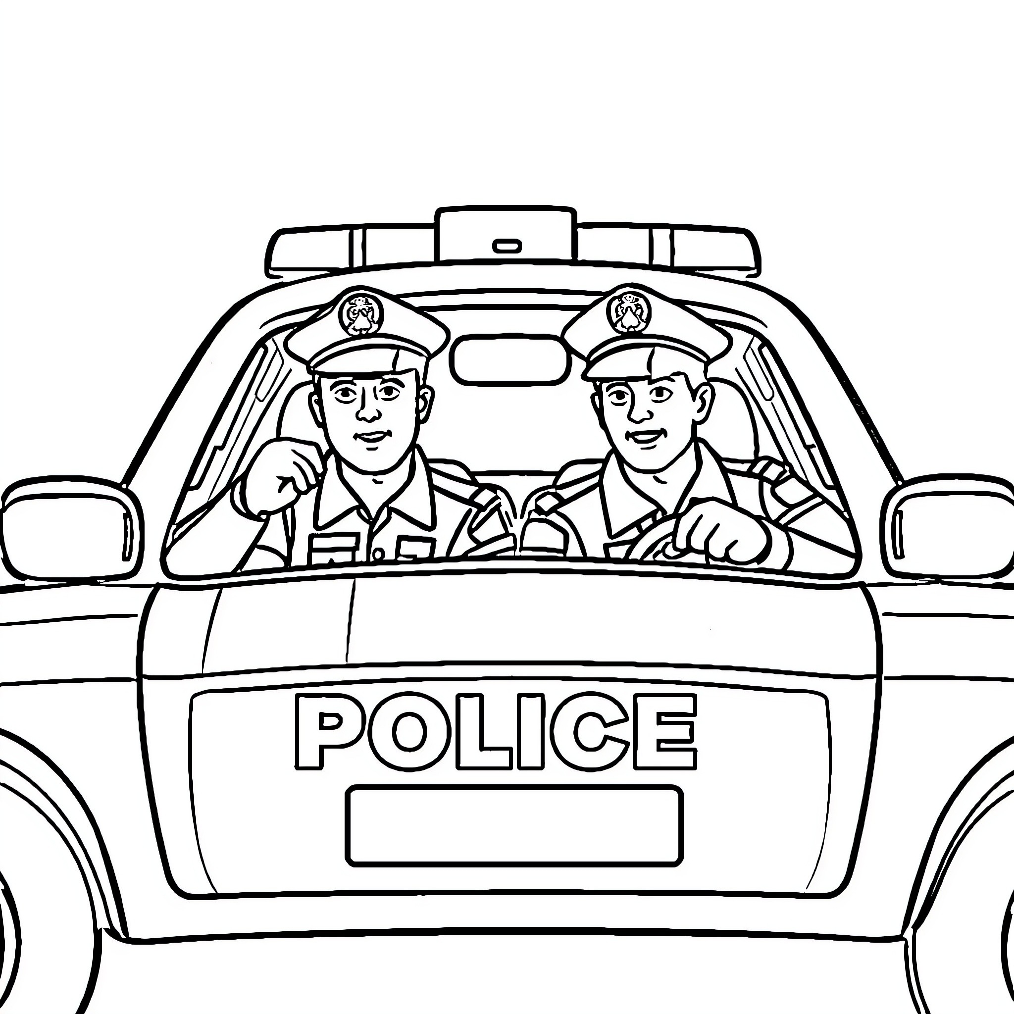 Police officers in patrol car responding to call Coloring Page (free black-and-white line drawing printable PDF for all, from beginners to advanced learners, including children, teens, adults, and seniors)
