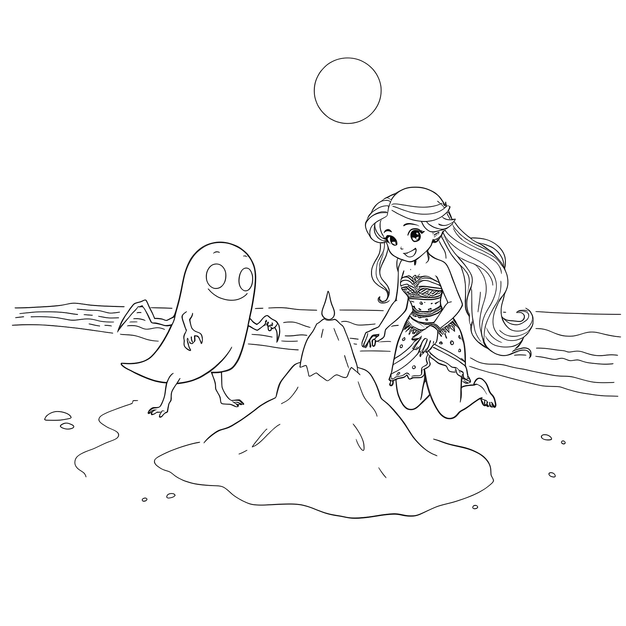 Ghost Spider builds sandcastle with sea creature companion Coloring Page (free black-and-white line drawing printable PDF for all, from beginners to advanced learners, including children, teens, adults, and seniors)