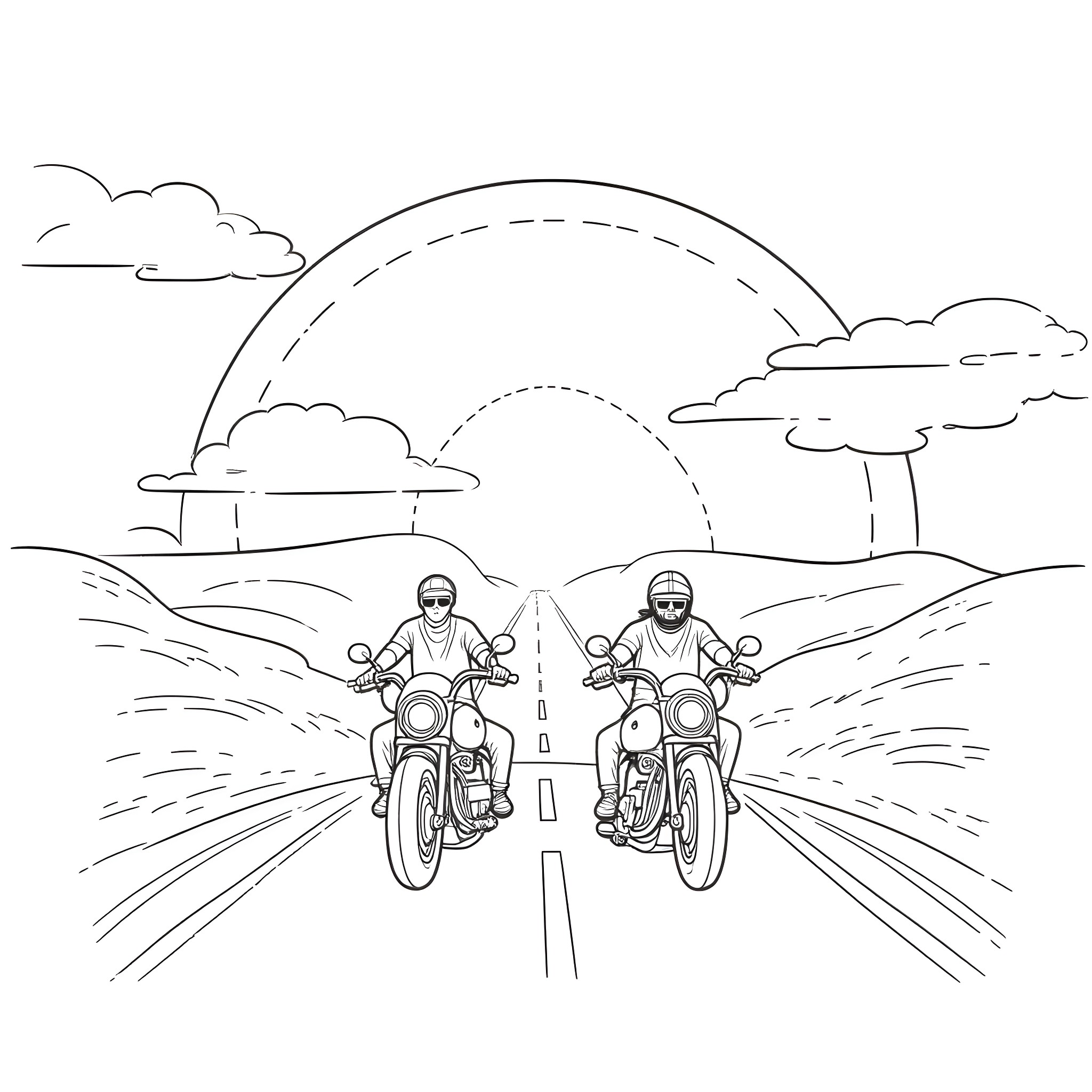 Motorcycle riders on a scenic road Coloring Page (free black-and-white line drawing printable PDF for all, from beginners to advanced learners, including children, teens, adults, and seniors)