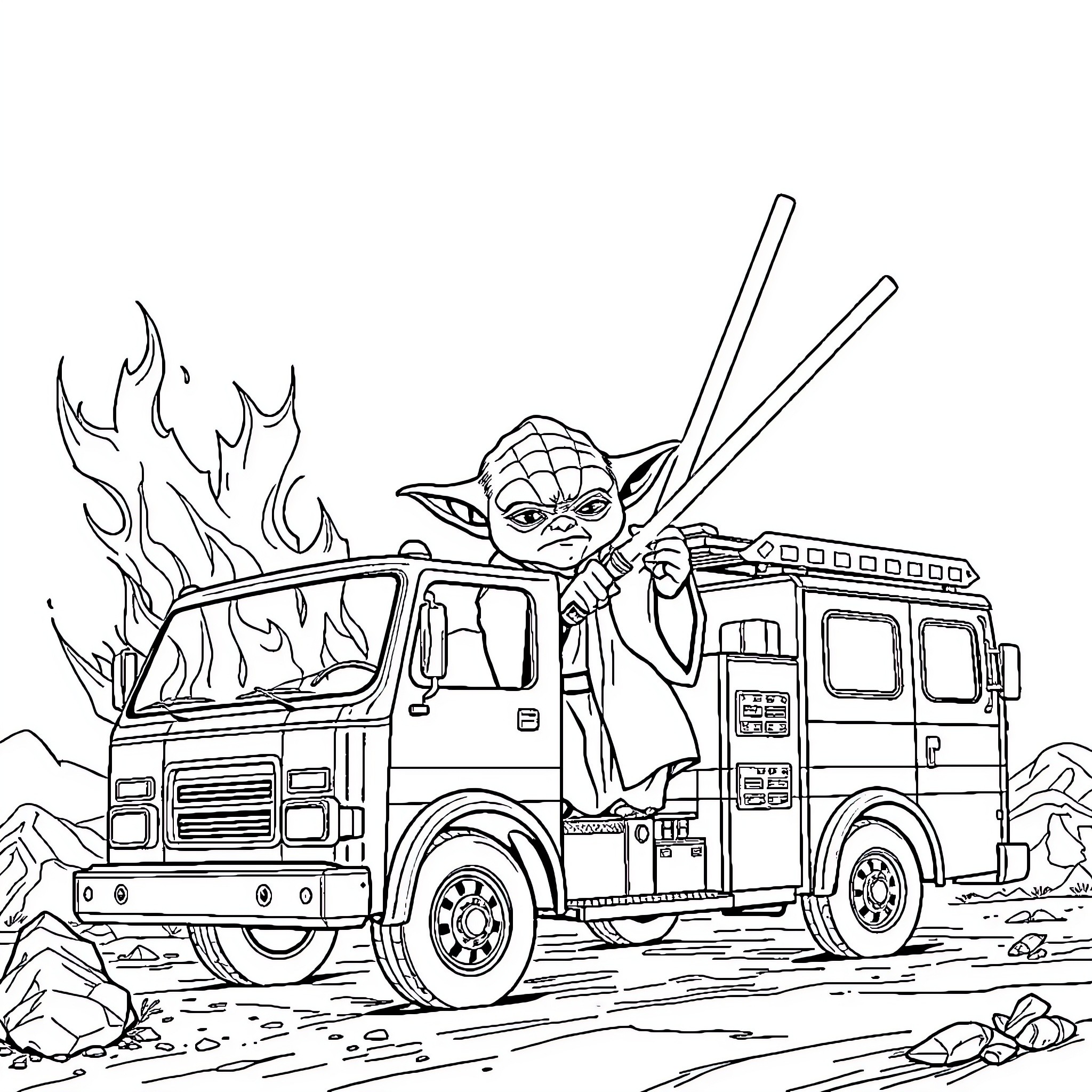 Yoda battles flames in a fire truck Coloring Page (free black-and-white line drawing printable PDF for all, from beginners to advanced learners, including children, teens, adults, and seniors)