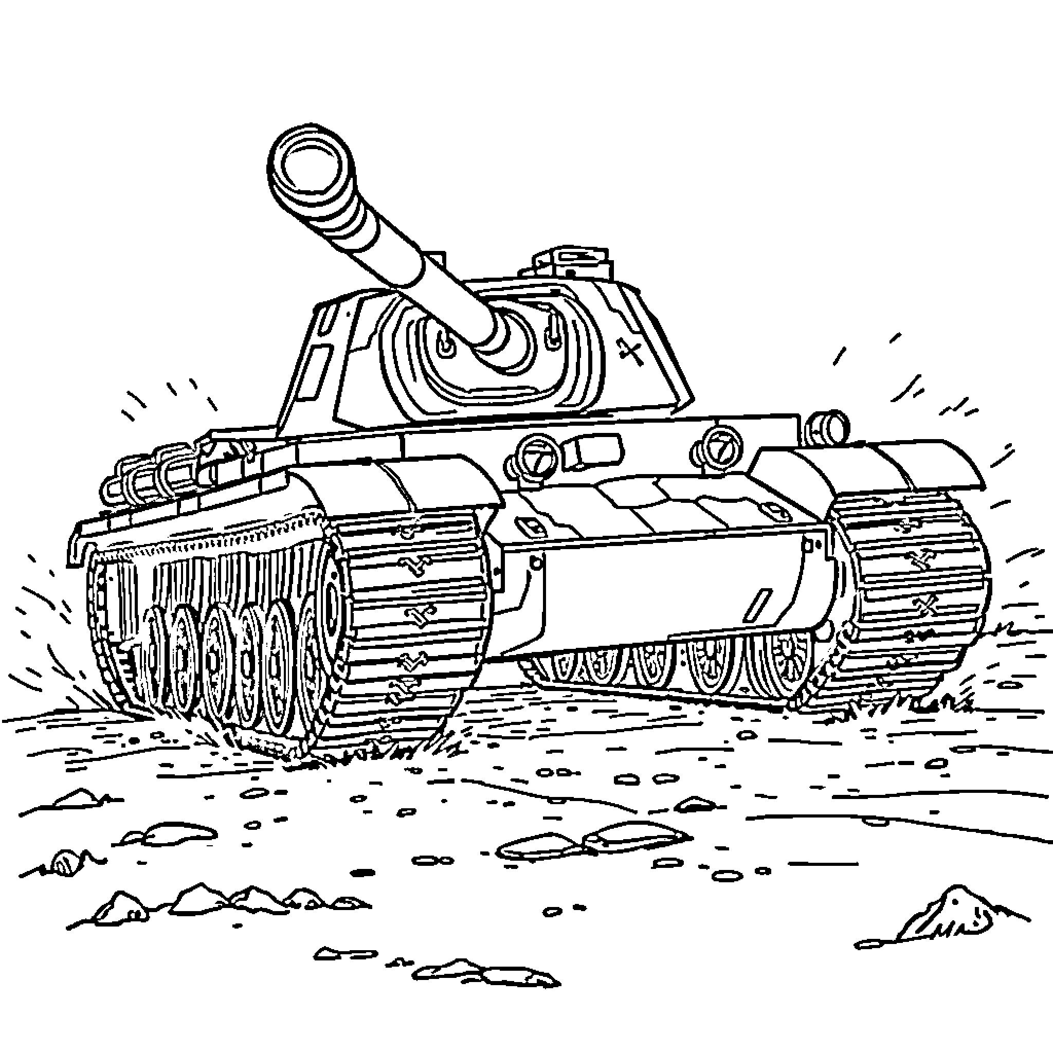 Tiger Tank charging through the battlefield Coloring Page (free black-and-white line drawing printable PDF for all, from beginners to advanced learners, including children, teens, adults, and seniors)
