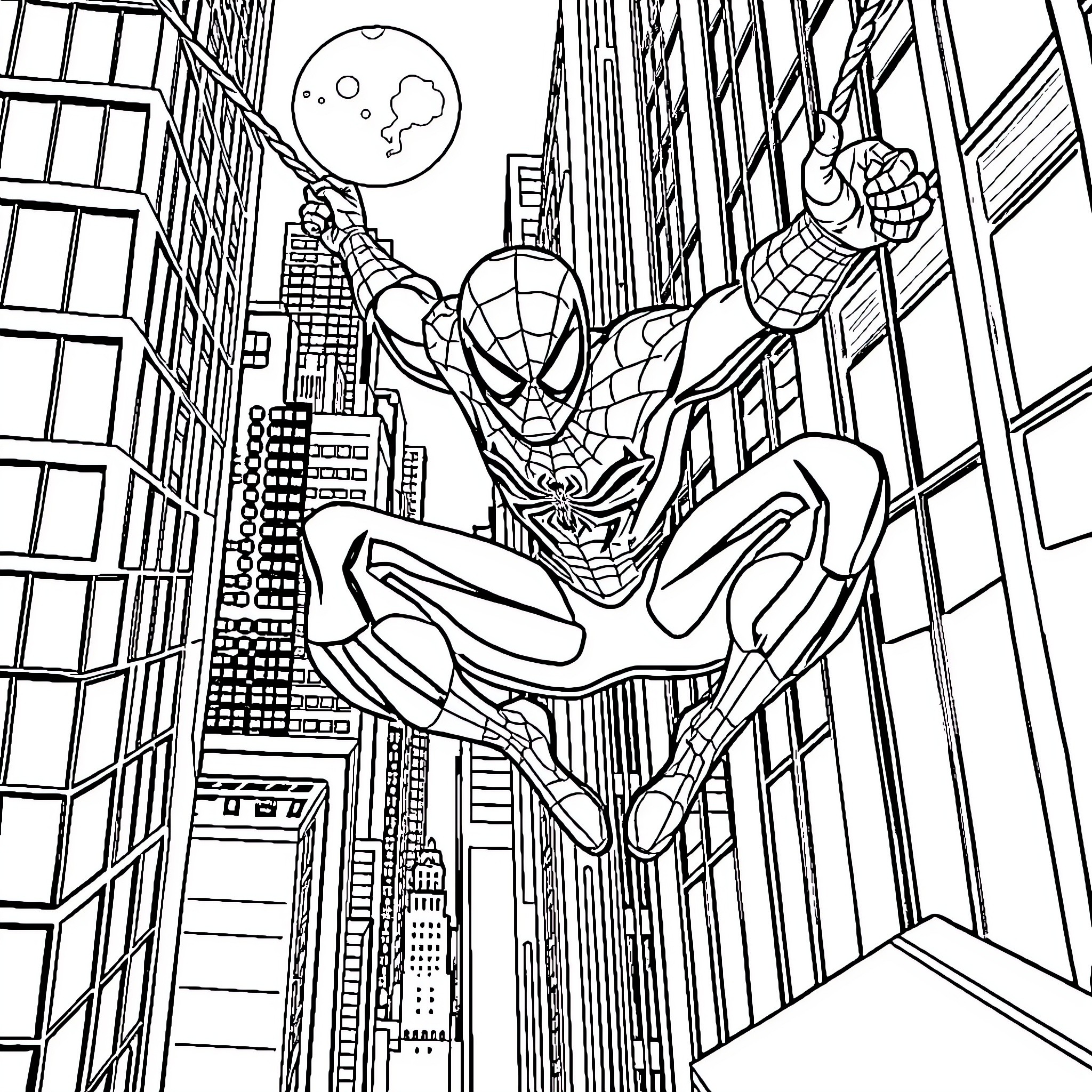 Spiderman swinging through the city skyline Coloring Page (free black-and-white line drawing printable PDF for all, from beginners to advanced learners, including children, teens, adults, and seniors)