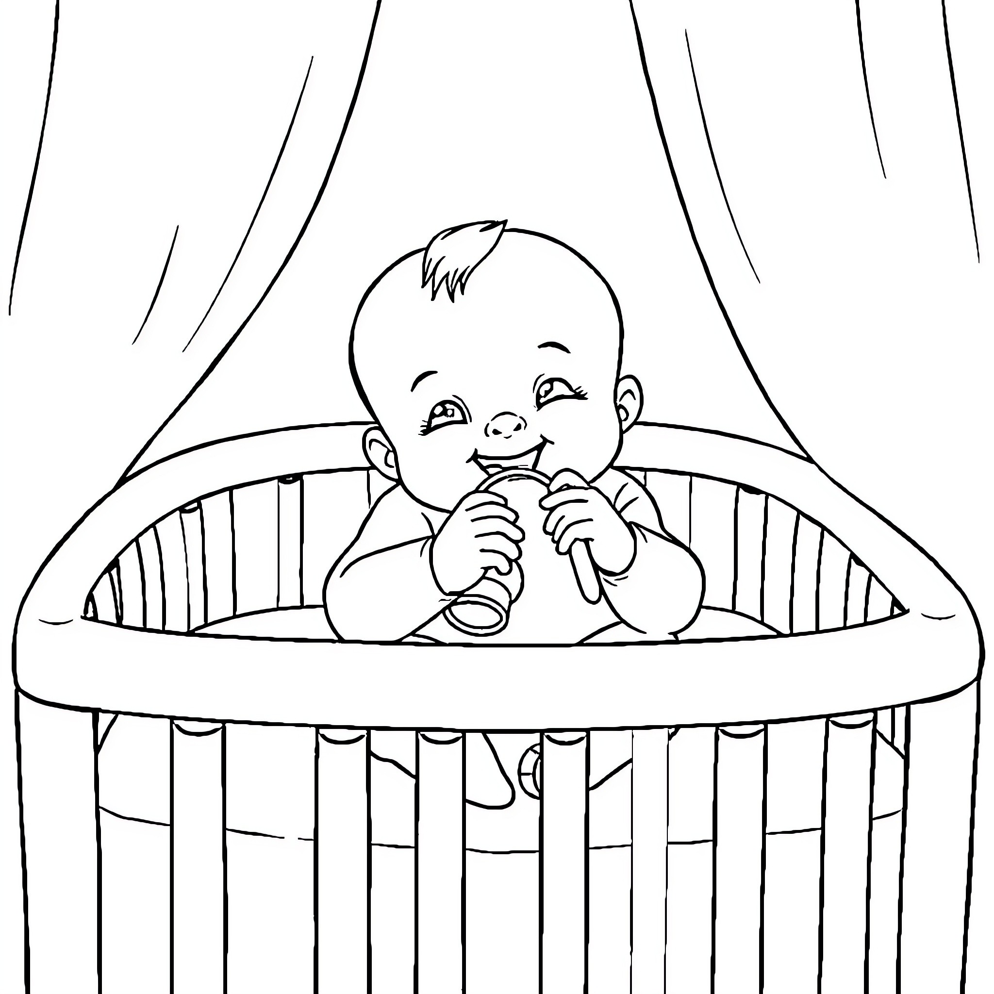 Baby playing peacefully in crib Coloring Page (free black-and-white line drawing printable PDF for all, from beginners to advanced learners, including children, teens, adults, and seniors)