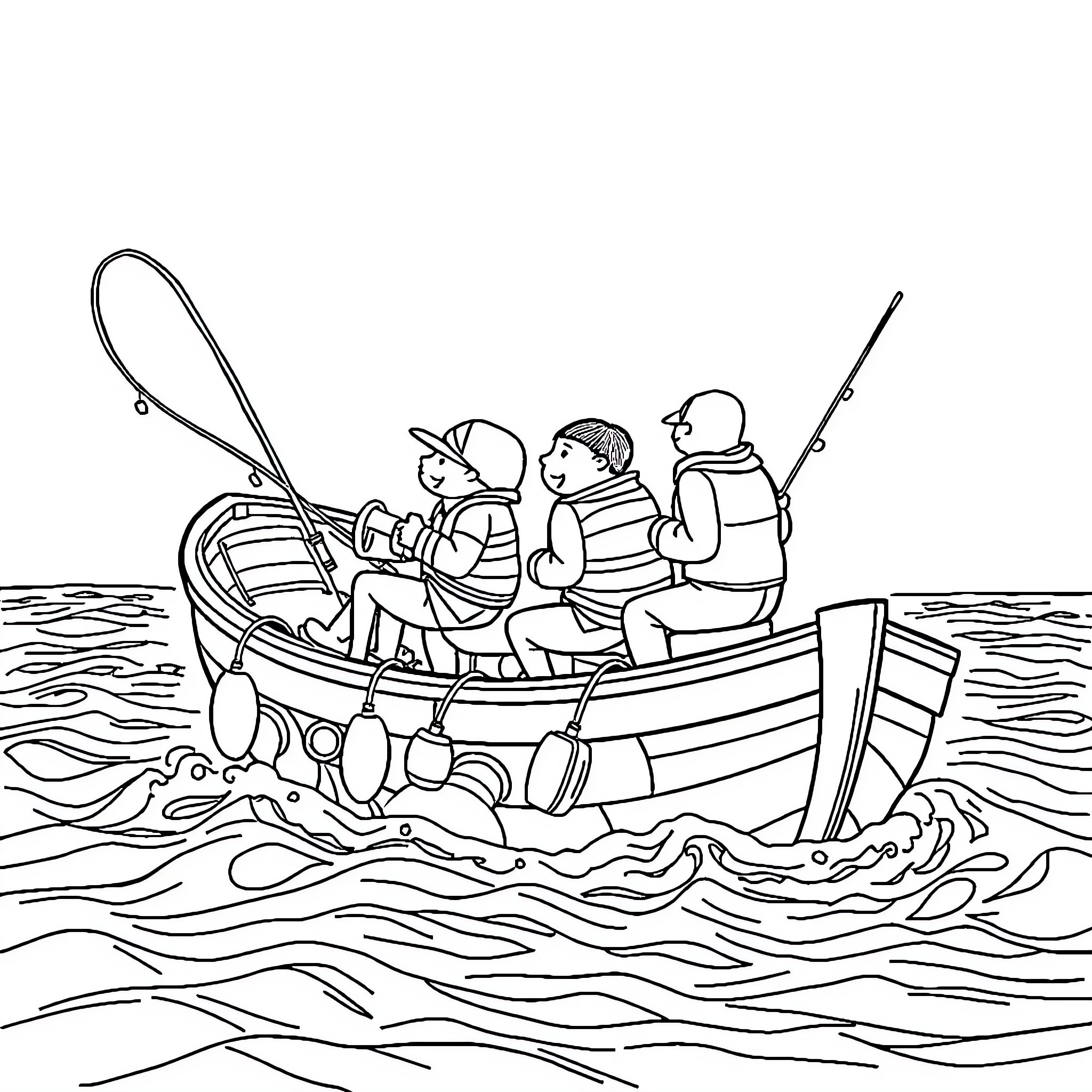 Fuggler fishing in a boat with friends Coloring Page (free black-and-white line drawing printable PDF for all, from beginners to advanced learners, including children, teens, adults, and seniors)