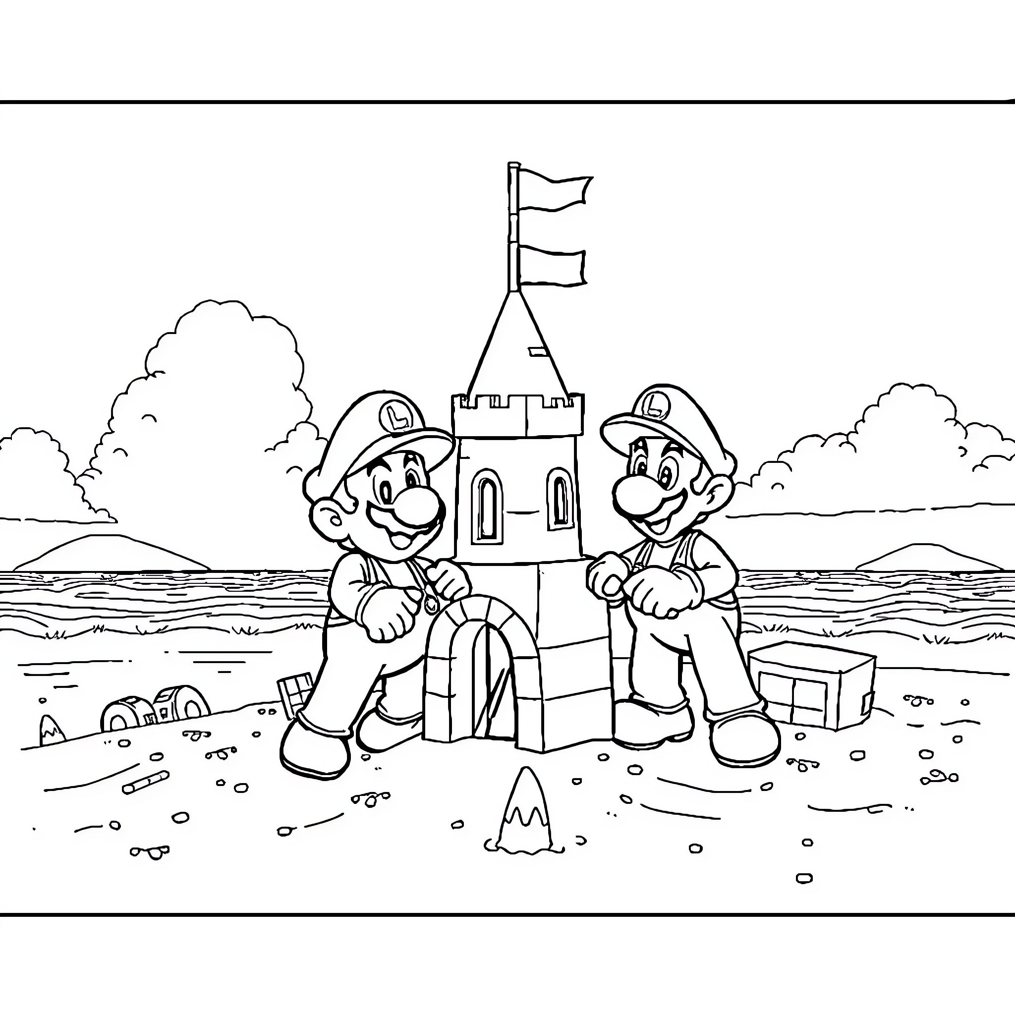 Mario and Luigi building a sand castle on the beach Coloring Page (free black-and-white line drawing printable PDF for all, from beginners to advanced learners, including children, teens, adults, and seniors)