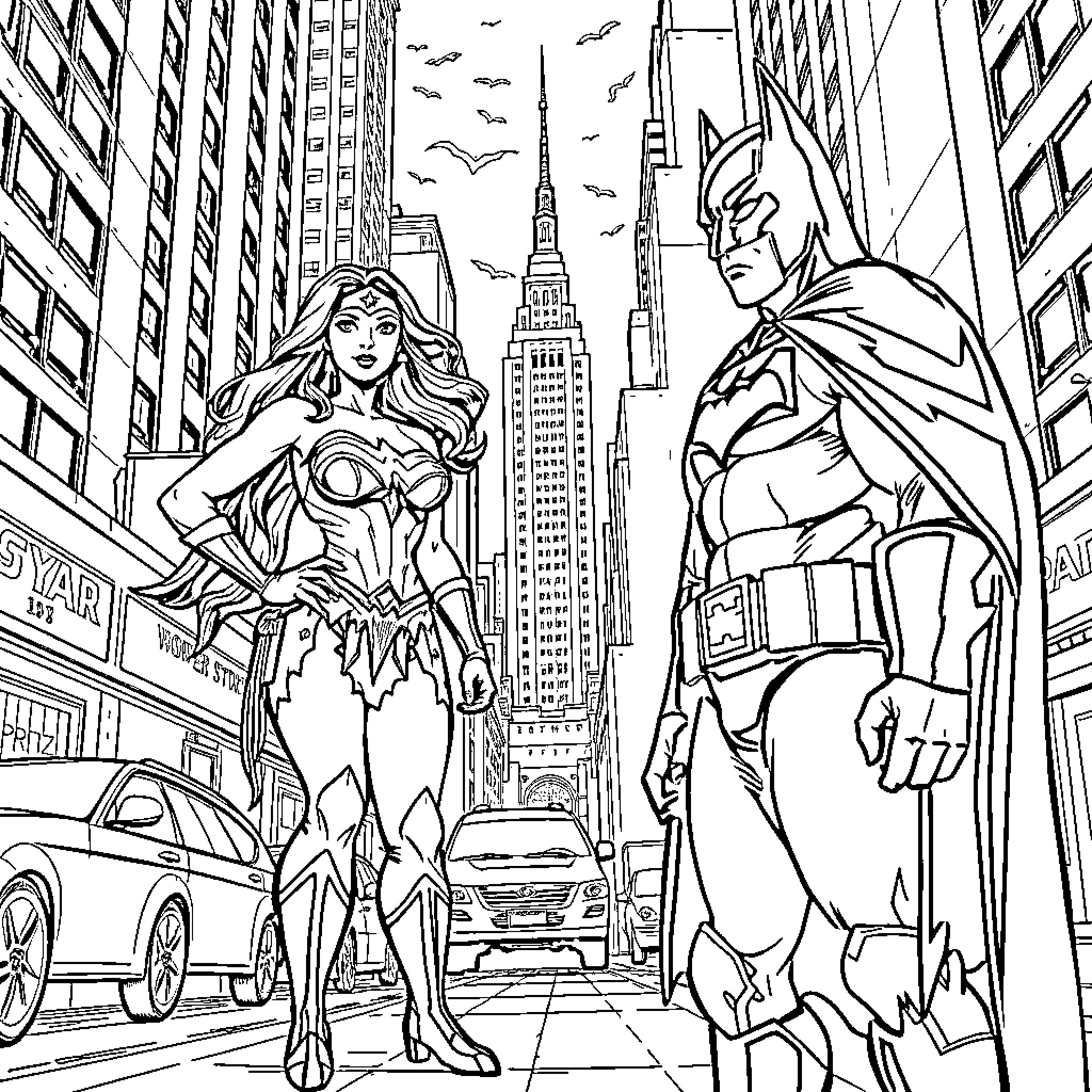 Wonder Woman and Batman in a Heroic City Scene Coloring Page (free black-and-white line drawing printable PDF for all, from beginners to advanced learners, including children, teens, adults, and seniors)