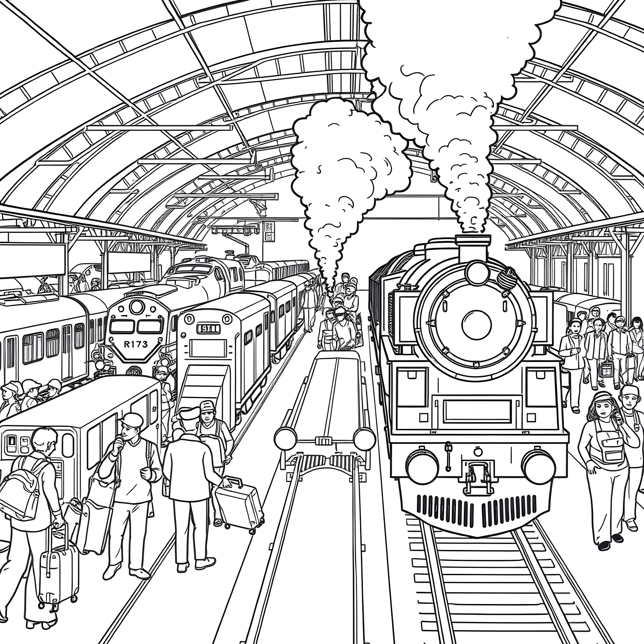Train station bustling with locomotive and passengers Coloring Page (free black-and-white line drawing printable PDF for all, from beginners to advanced learners, including children, teens, adults, and seniors)
