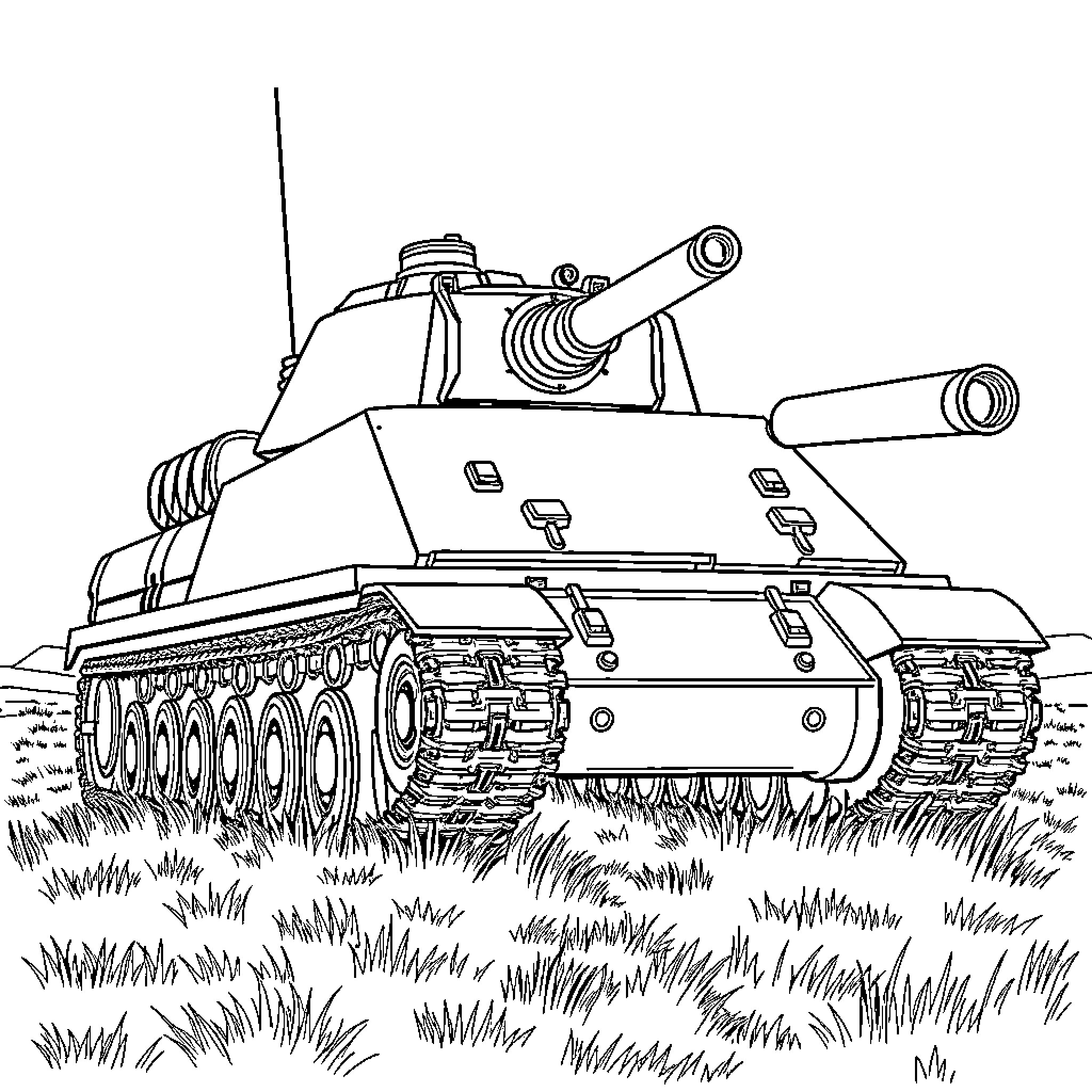 Tank charging through the battlefield Coloring Page (free black-and-white line drawing printable PDF for all, from beginners to advanced learners, including children, teens, adults, and seniors)