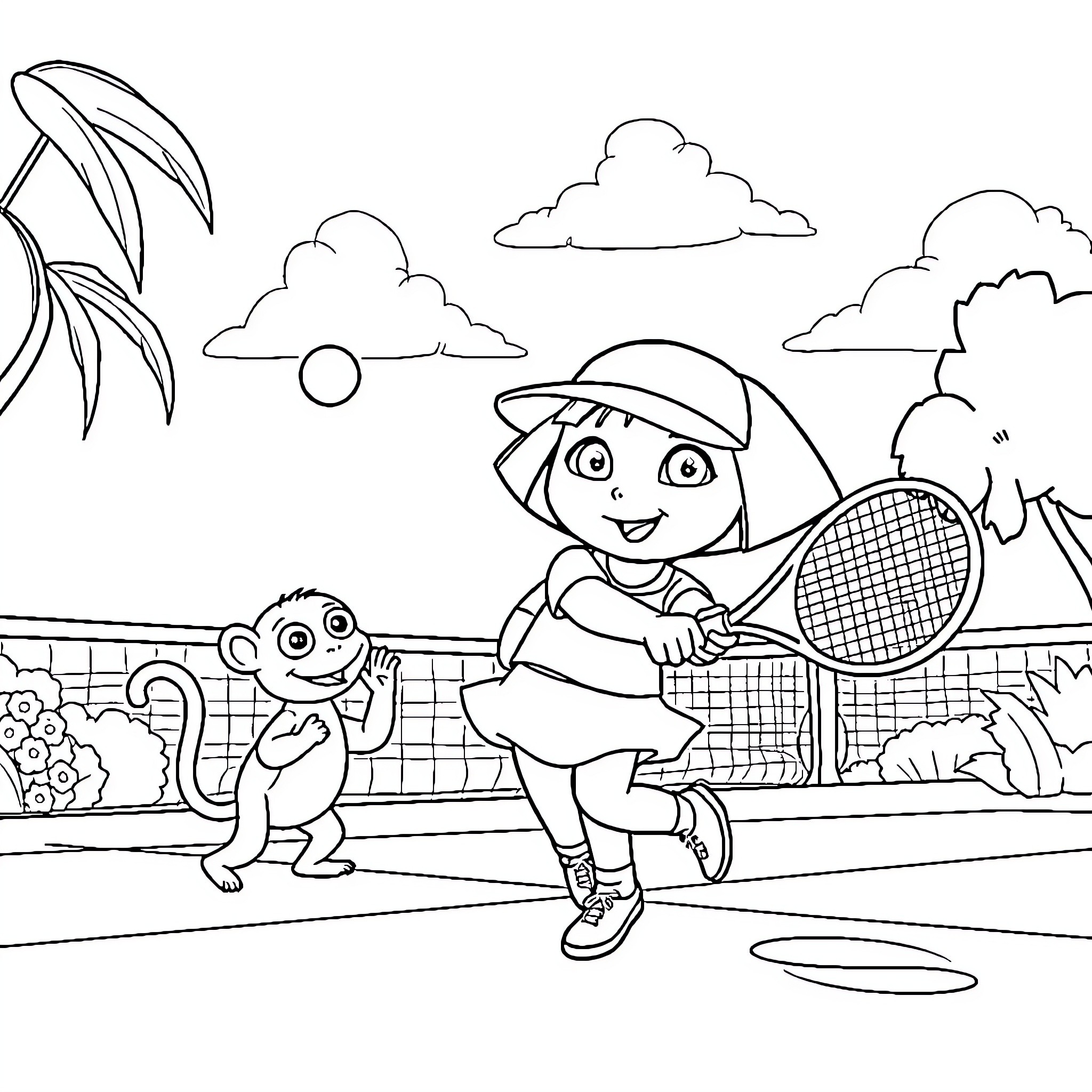 Dora playing tennis with her friend in the park Coloring Page (free black-and-white line drawing printable PDF for all, from beginners to advanced learners, including children, teens, adults, and seniors)