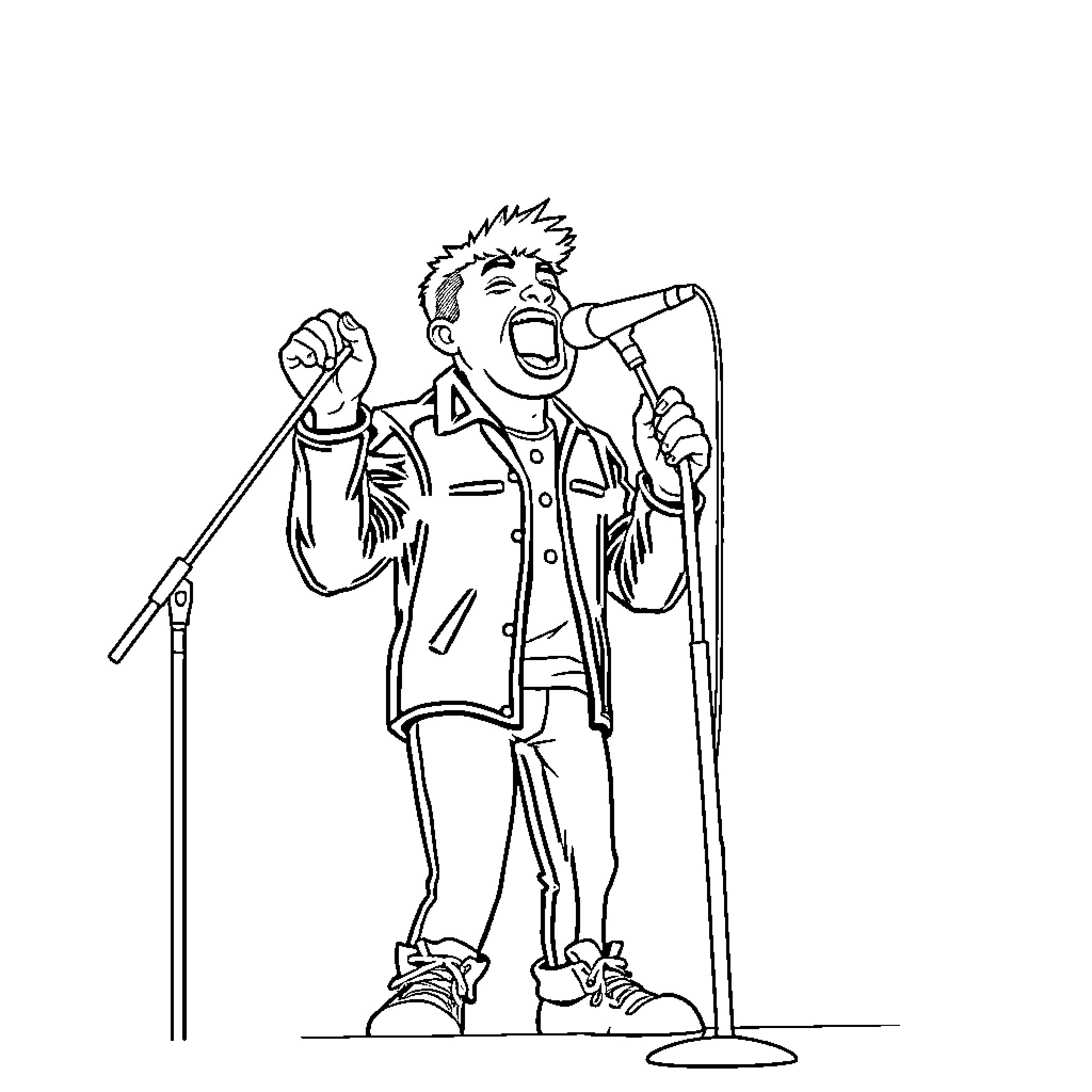 Huntrix Performer Captivates Audience on Stage Coloring Page (free black-and-white line drawing printable PDF for all, from beginners to advanced learners, including children, teens, adults, and seniors)