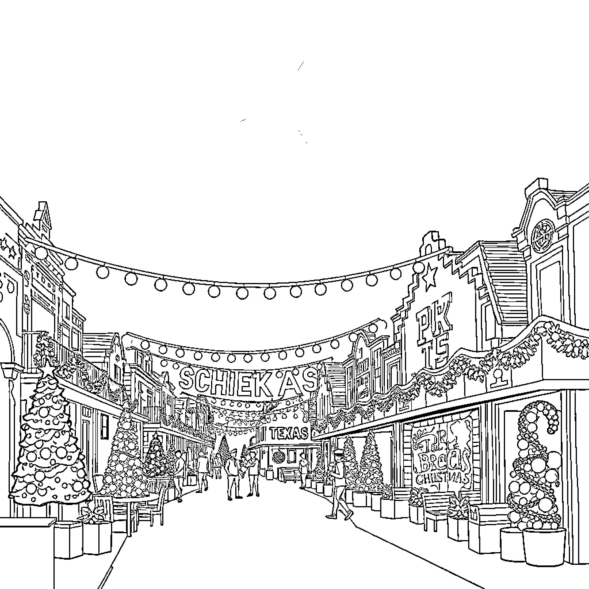 Christmas Street Celebrations and Decorations Coloring Page (free black-and-white line drawing printable PDF for all, from beginners to advanced learners, including children, teens, adults, and seniors)