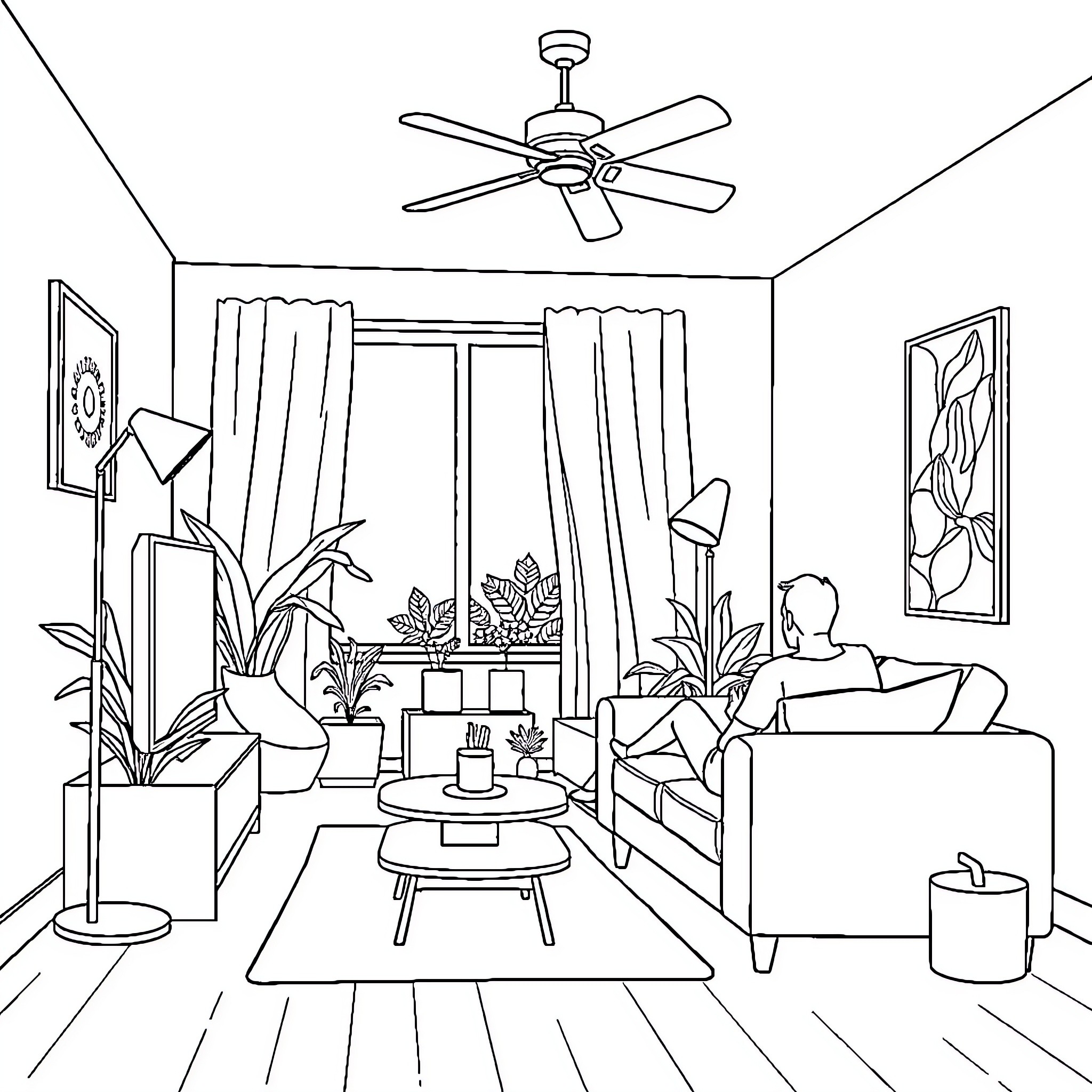 Living Room with Cozy Furnishings and Plants Coloring Page (free black-and-white line drawing printable PDF for all, from beginners to advanced learners, including children, teens, adults, and seniors)