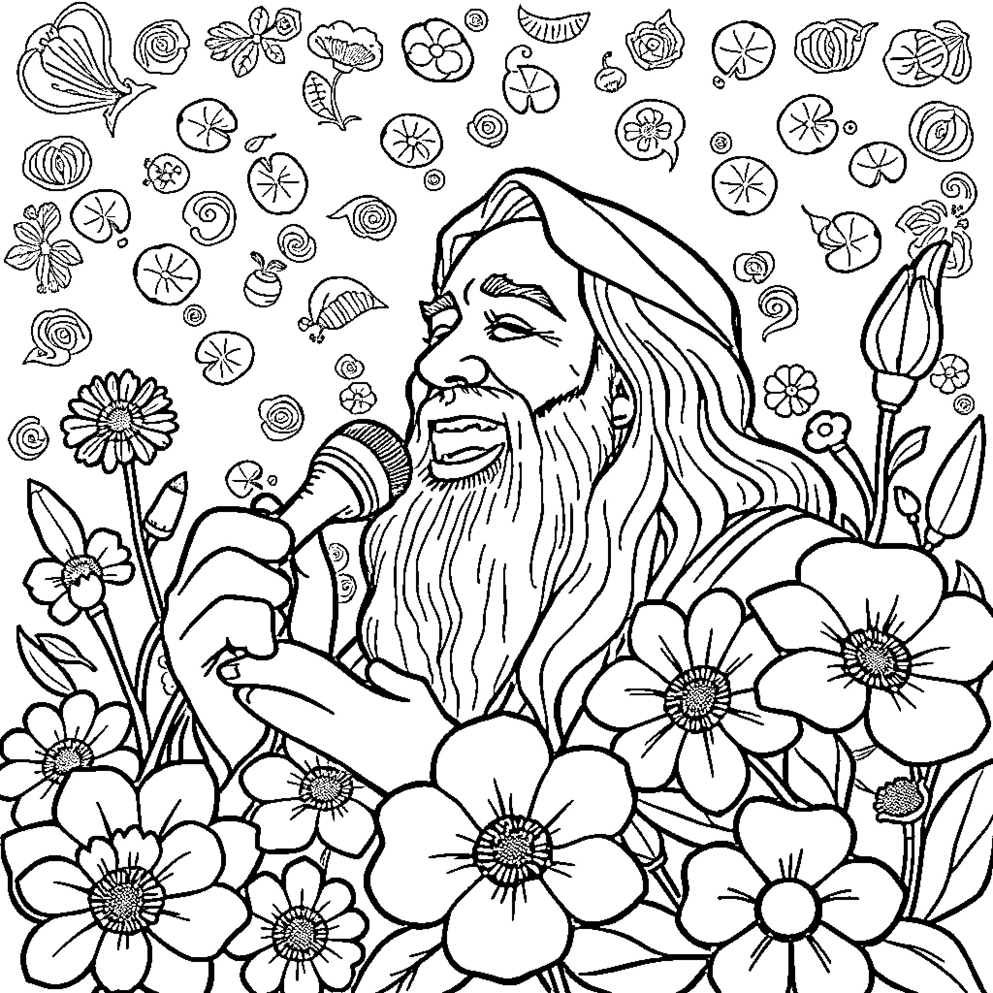 Rumi's Joyful Expressions Among Blossoms Coloring Page (free black-and-white line drawing printable PDF for all, from beginners to advanced learners, including children, teens, adults, and seniors)