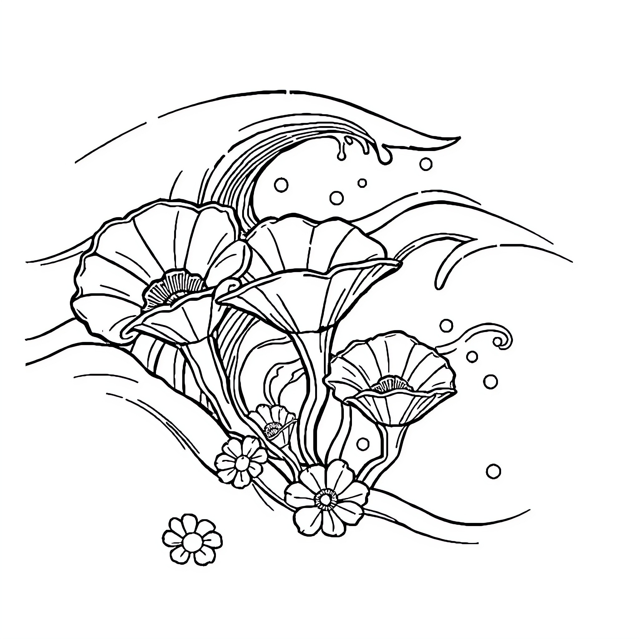 Anemone flowers swaying in the ocean breeze Coloring Page (free black-and-white line drawing printable PDF for all, from beginners to advanced learners, including children, teens, adults, and seniors)