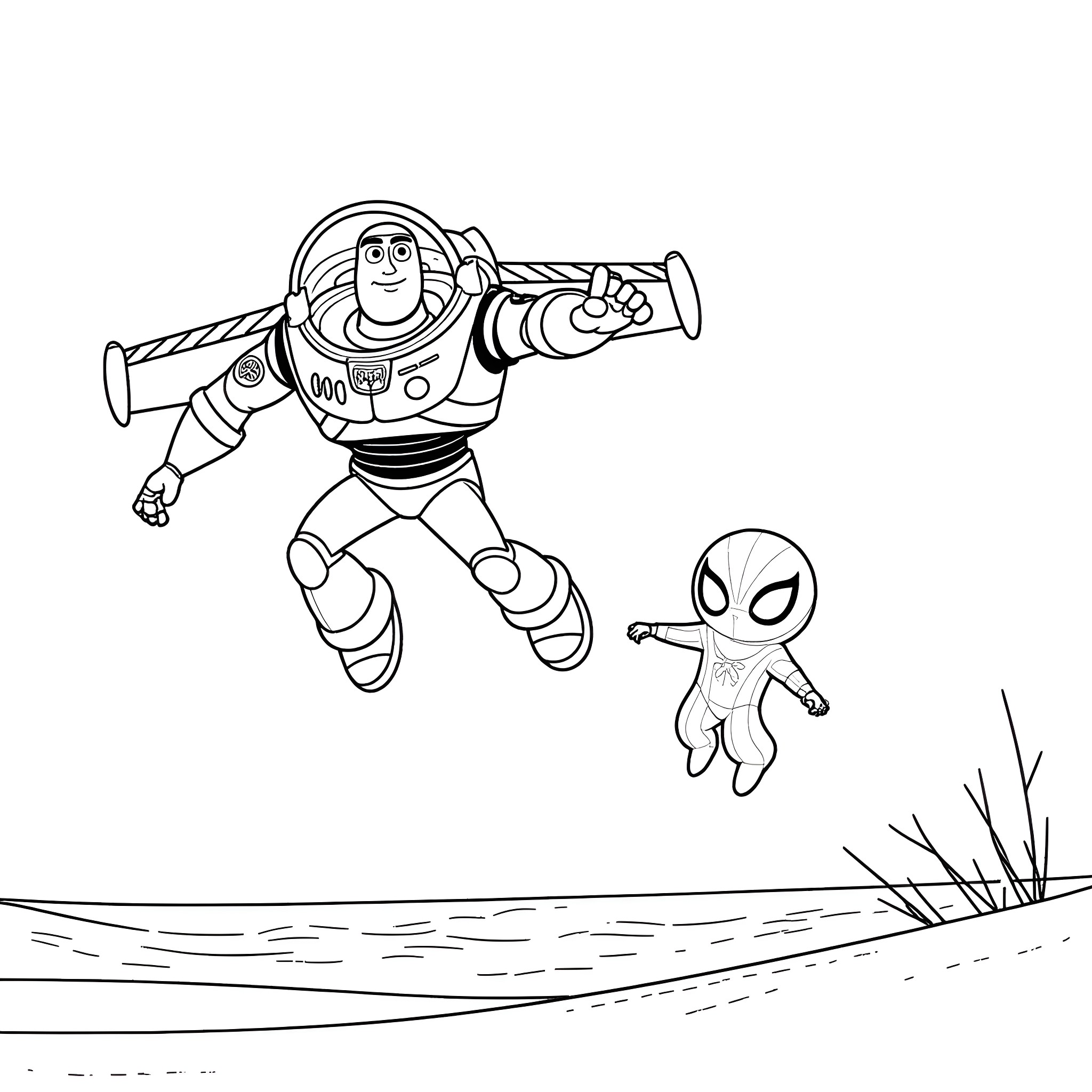 Buzz Lightyear and Spider-Man in action adventure Coloring Page (free black-and-white line drawing printable PDF for all, from beginners to advanced learners, including children, teens, adults, and seniors)