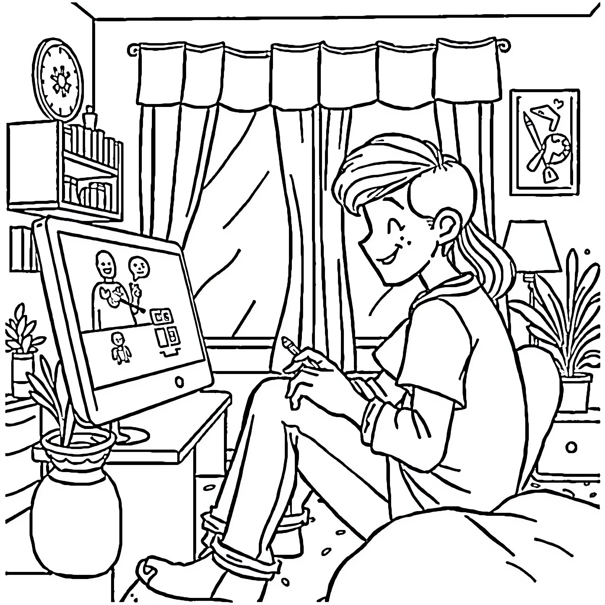 Girl drawing on an easel in her room Coloring Page (free black-and-white line drawing printable PDF for all, from beginners to advanced learners, including children, teens, adults, and seniors)
