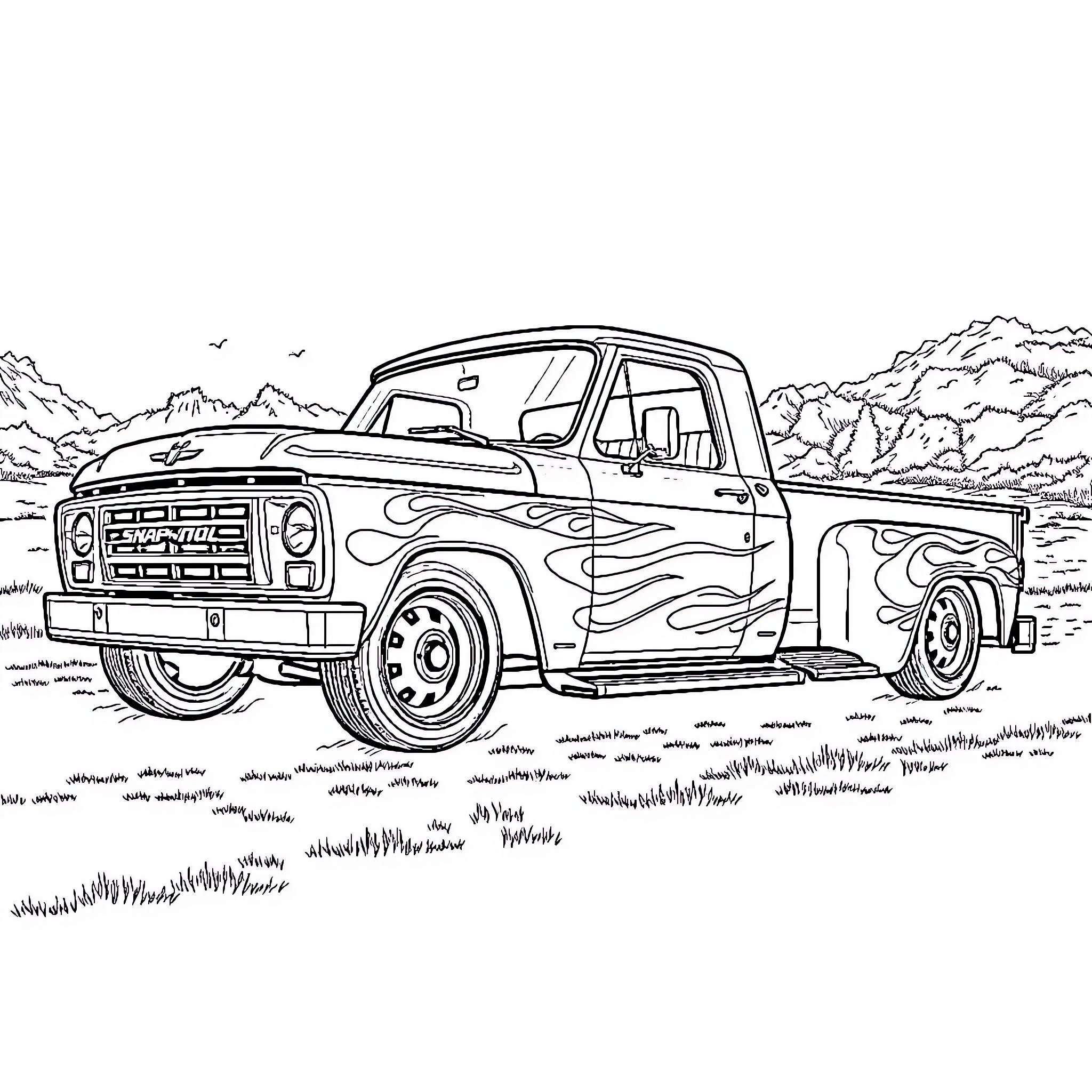 Truck with Flame Decals in Outdoor Scene Coloring Page (free black-and-white line drawing printable PDF for all, from beginners to advanced learners, including children, teens, adults, and seniors)