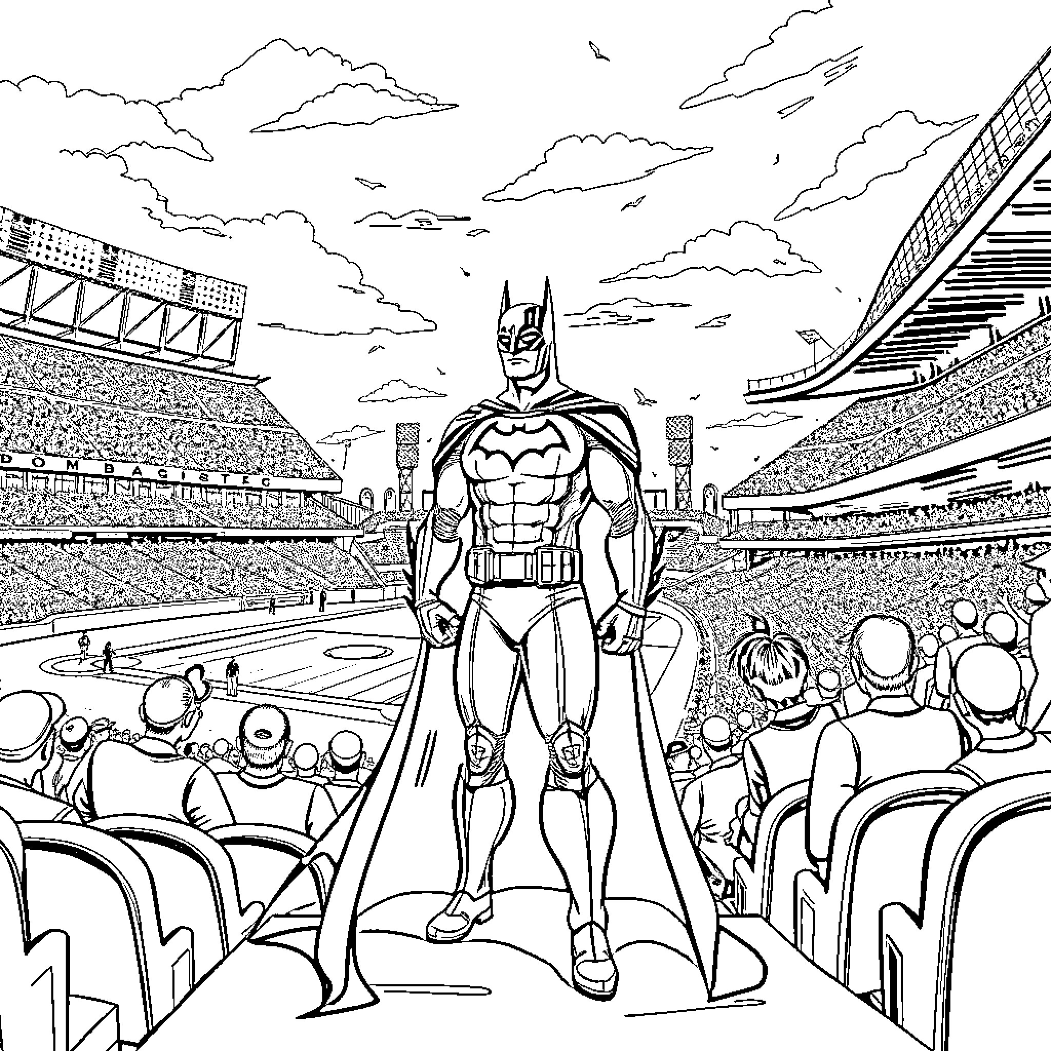 Batman in Action at the Stadium Coloring Page (free black-and-white line drawing printable PDF for all, from beginners to advanced learners, including children, teens, adults, and seniors)