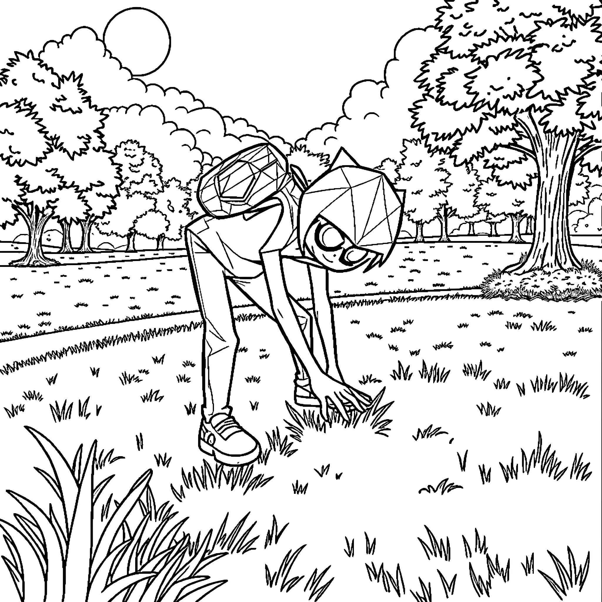 Geometry Dash character exploring a natural landscape Coloring Page (free black-and-white line drawing printable PDF for all, from beginners to advanced learners, including children, teens, adults, and seniors)