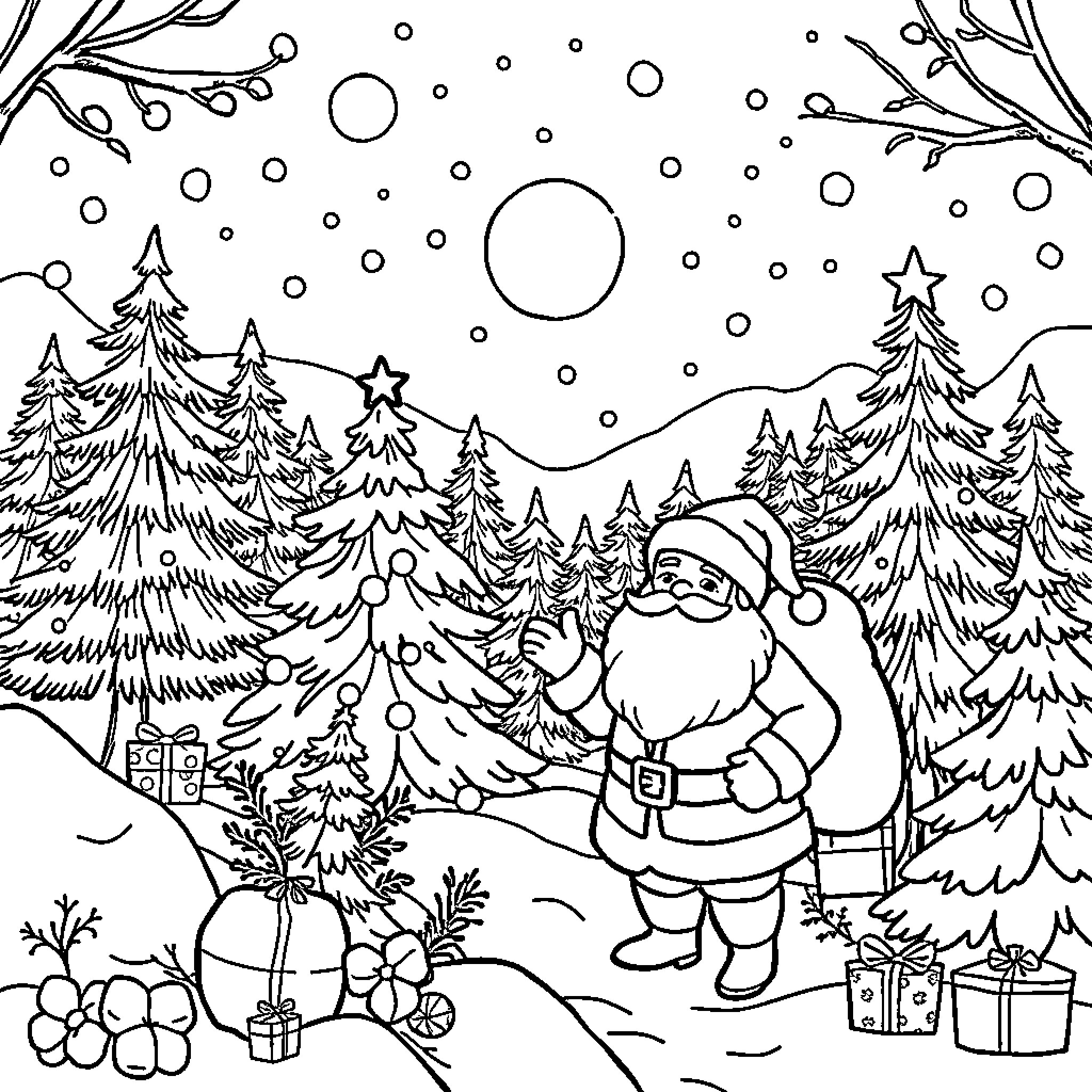 Christmas Scene with Santa, Trees, and Snowfall Coloring Page (free black-and-white line drawing printable PDF for all, from beginners to advanced learners, including children, teens, adults, and seniors)