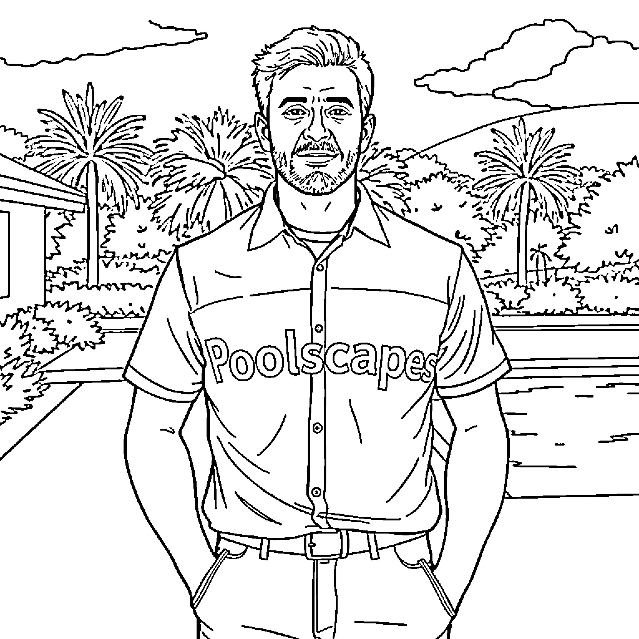 Man in Poolscapes uniform standing amidst palm trees Coloring Page (free black-and-white line drawing printable PDF for all, from beginners to advanced learners, including children, teens, adults, and seniors)