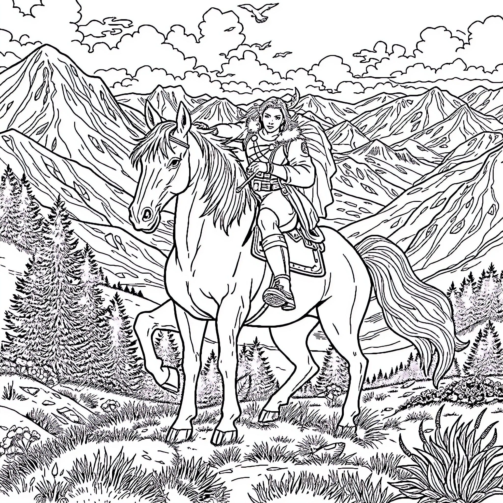 Goldorak's Heroic Rider Atop a Majestic Steed Coloring Page (free black-and-white line drawing printable PDF for all, from beginners to advanced learners, including children, teens, adults, and seniors)